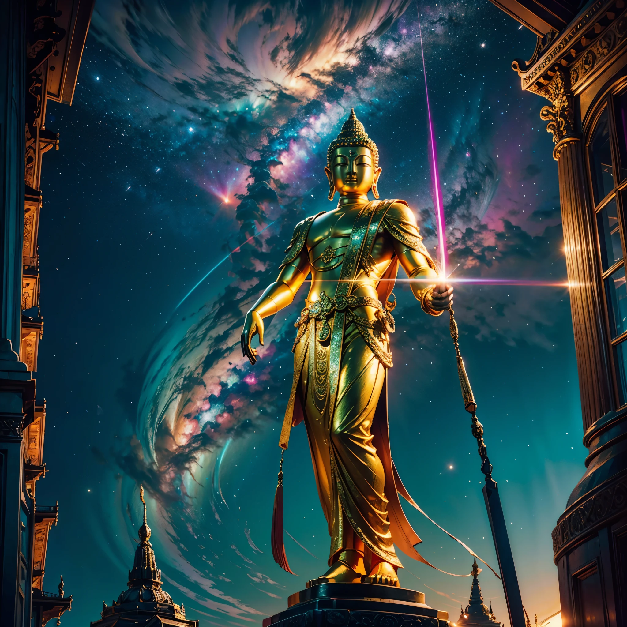 Will-o'-the-wisp dazzling Symmetrical Duddha_Interstellar (Galaxy stars Nebula Spacious Sunrise evening_glow distant_view Sunset rich_colors colorful wide-angle_lens shooting_evening positive_film naturalistic_style)，A highly detailed, futuristic scene with a vibrant color palette and neon lights. The focal point of the scene a magnificent Golden Buddha statue, radiating a sense of peace and tranquility. The statue made of pure gold and shines brightly, reflecting the neon lights around it. The surrounding environment filled with futuristic elements, such as sleek buildings, flying cars, and holographic advertisements. The colors in the scene are intense and vibrant, incorporating shades of blues, purples, pinks, and greens. The neon lights illuminate the surroundings, casting a surreal and vibrant glow. The overall atmosphere both awe-inspiring and serene, blending the traditional beauty of the Golden Buddha with the cutting-edge aesthetics of the future. Everything in the scene highly detailed and realistic, with every intricate feature of the Buddha statue captured flawlessly. The lighting carefully designed to highlight the beauty of the statue and create a mesmerizing ambiance.optimal bright_color dappled_sunLight meticulously intricate ultra_high-details ultra_high-res hyper pro-Photo-realistic ultra_high-quality ultra_high-def UHD XT3 DSLR HDR extreme improved Octane-rendered opengl-shaders glsl-shader romm rgb pbr shading 3DCG fxaa global illumination cgi vfx sfx fkaa txaa rtx ssao post-processing post-production cell-shading tone-mapping Ultra_sharpness focus accurate max saturate reflex analogique Vivid DSLR color-coded luminescence volumetric Cinematic_Sunrise lightning contrast incandescent Cristallines floraison zentangle fleuraison varied multi etc. --s 1000 --c 20 --q 20 --chaos 100