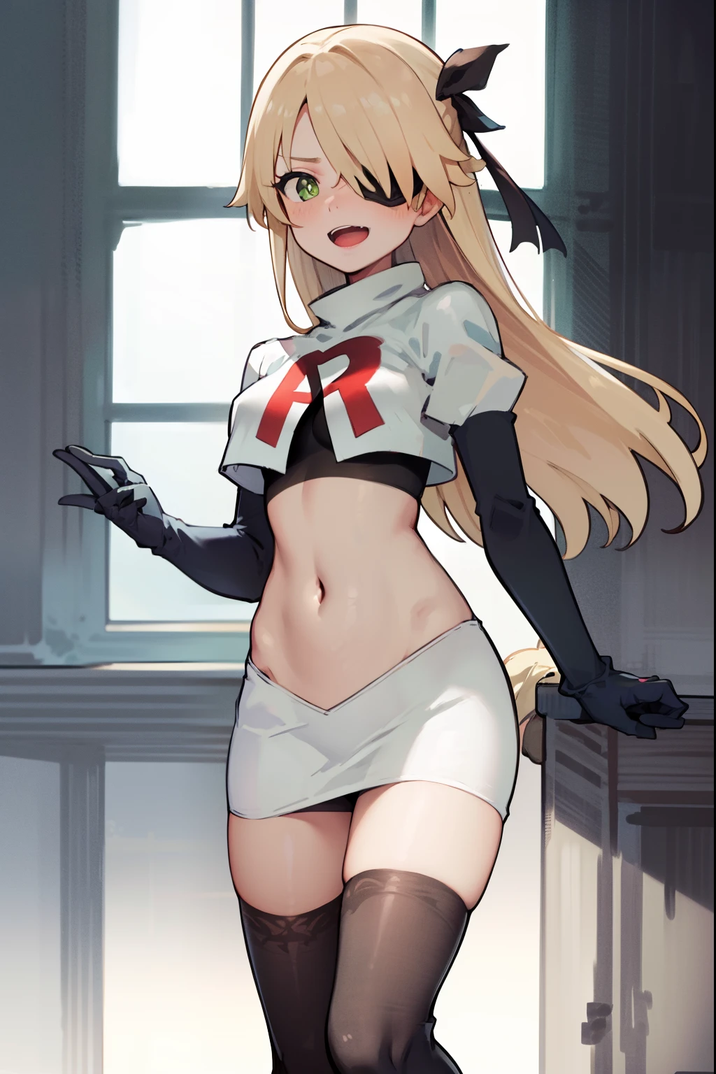 absurdres, fischl (dunkelnacht sakrament) (genshin impact), green eyes, (white pupils:1.2), fischl (genshin impact), medium_breasts, blonde hair, eyepatch, long hair, hair over one eye, bangs, hair ribbon, small breasts, 1girl, team rocket,team rocket uniform,white skirt,red letter R,crop top,black thigh-highs,black elbow gloves, laughing, happy, blush