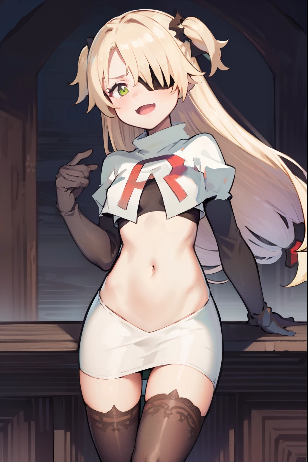 absurdres, fischl (dunkelnacht sakrament) (genshin impact), green eyes, (white pupils:1.2), fischl (genshin impact), medium_breasts, blonde hair, eyepatch, long hair, hair over one eye, bangs, hair ribbon, small breasts, 1girl, team rocket,team rocket uniform,white skirt,red letter R,crop top,black thigh-highs,black elbow gloves, laughing, happy, blush