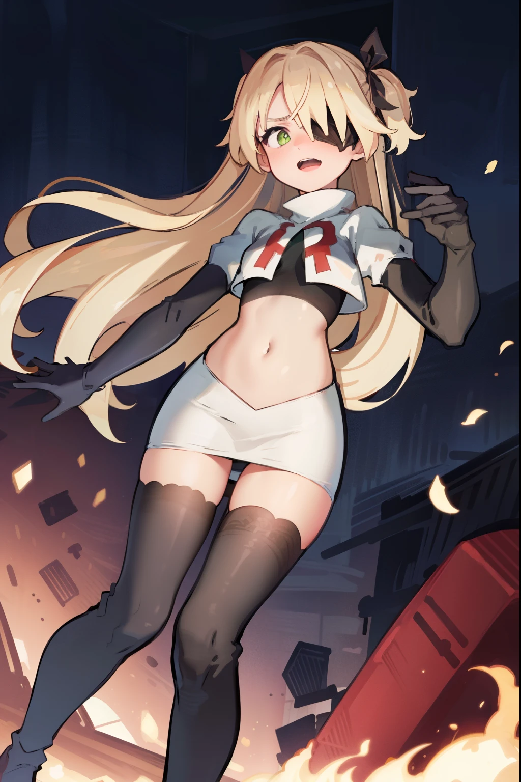 absurdres, fischl (dunkelnacht sakrament) (genshin impact), green eyes, (white pupils:1.2), fischl (genshin impact), medium_breasts, blonde hair, eyepatch, long hair, hair over one eye, bangs, hair ribbon, small breasts, 1girl, team rocket,team rocket uniform,white skirt,red letter R,crop top,black thigh-highs,black elbow gloves, laughing, happy, blush
