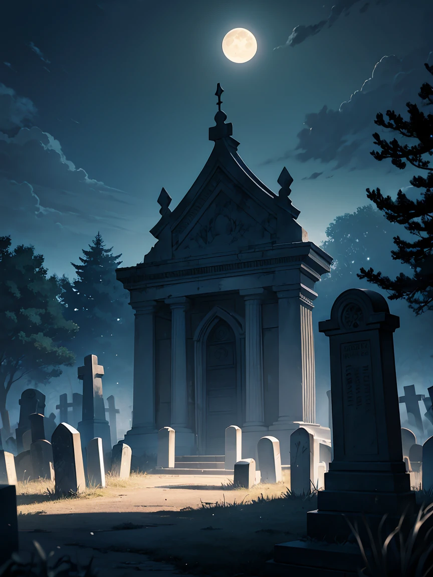 background illustration, blurry foreground, graveyard, cemetery, moonlight, Cinematic Lighting, wallpaper