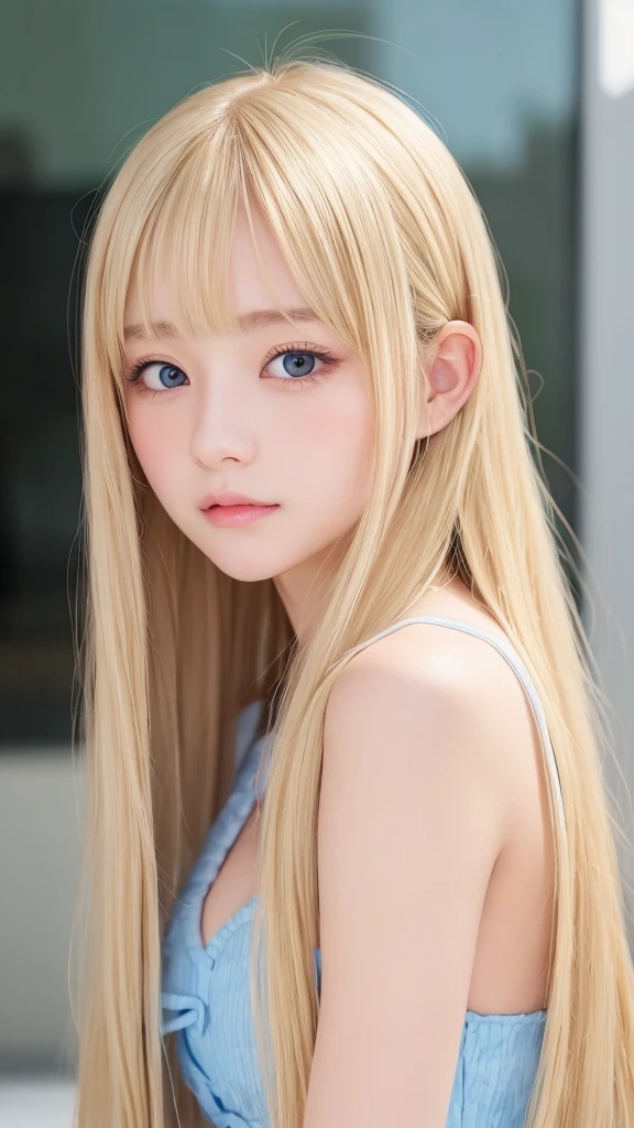 Blonde hair color that changes depending on the lighting、very beautiful face、Very beautiful super long silky shining bright blonde hair、long bangs between the eyes、 cute sexy little 14 ybeautiful bright and shining sky blue big eyes、blonde hair above the eyes、片blonde hair above the eyes、blonde between the eyes、very big eyes、rich bust、white skin、Shiny skin、gross face、cheek gloss、eyeliner、小顔美人とても白い若くて明るいShiny skin、