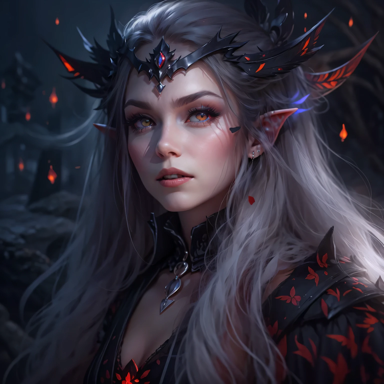 Mysterious elf vampire，portrait，She has long flowing hair，Sharp red eyes，pale skin，（elf ears），（Showing long fangs），Wear noble clothing and jewelry，Tough yet elegant，in this piece（Dark and Gothic）in art。（best quality，high resolution，masterpiece：1.2），（Super fine，clear focus），（lifelike，照片lifelike度：1.37），（bright colors，deep shadow），（With hints of crimson and deep purple），Illuminated by moonlight，Ancient site background，Bringing out the ethereal beauty and haunting atmosphere of this scene。