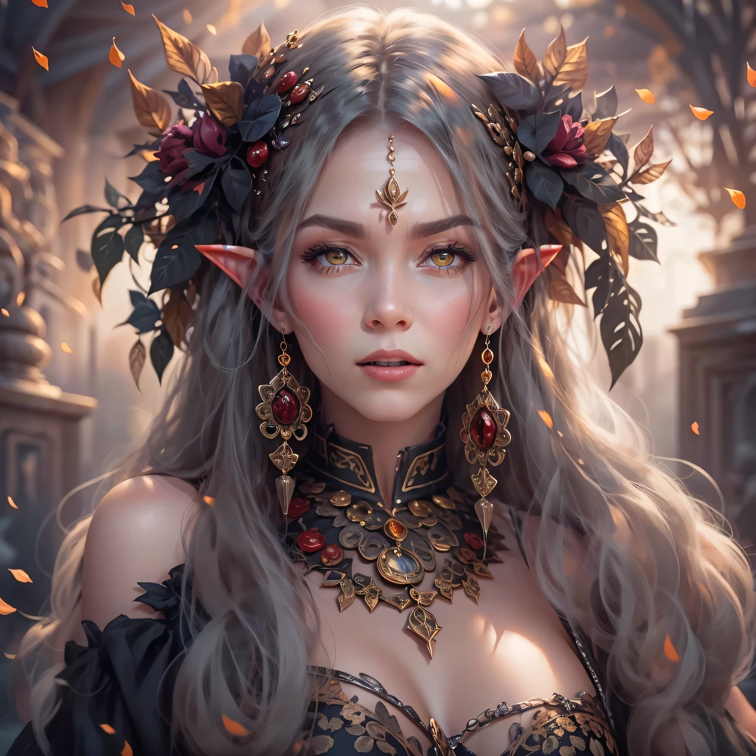 Mysterious elf vampire，portrait，She has long flowing hair，Sharp red eyes，pale skin，（elf ears），（Showing long fangs），Wear noble clothing and jewelry，Tough yet elegant，in this piece（Dark and Gothic）in art。（best quality，high resolution，masterpiece：1.2），（Super fine，clear focus），（lifelike，照片lifelike度：1.37），（bright colors，deep shadow），（With hints of crimson and deep purple），Illuminated by moonlight，Ancient site background，Bringing out the ethereal beauty and haunting atmosphere of this scene。