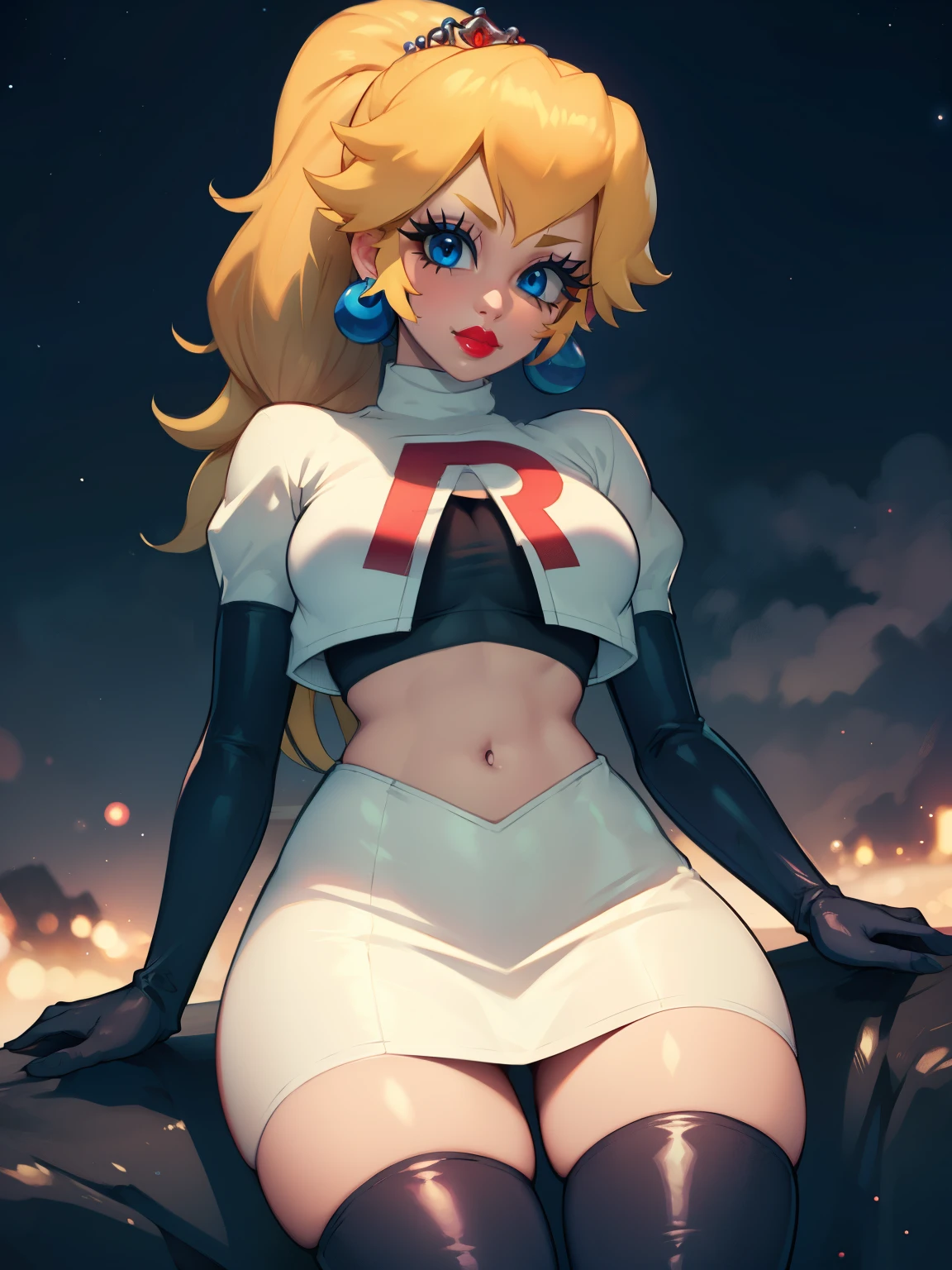 princess_peach, ponytail ,earrings ,red lipstick, blue eye shadow, heavy makeup ,team rocket uniform, red letter R, white skirt,white crop top,black thigh-high boots, black elbow gloves, evil smile, looking down on viewer, sitting down ,legs crossed, night sky background