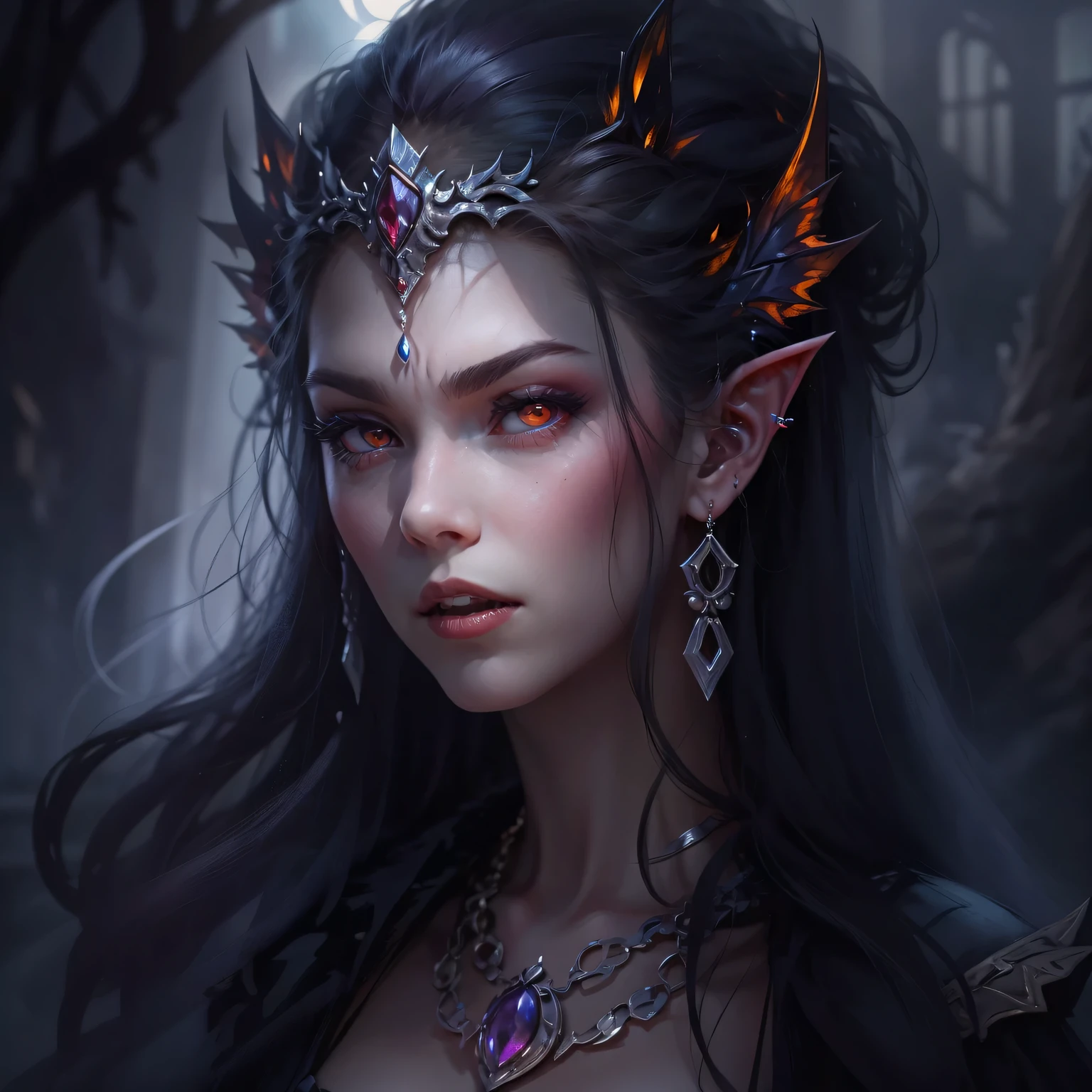 Mysterious elf vampire,portrait,She has long flowing hair,Sharp red eyes,pale skin,(elf ears),(Showing long fangs),Wear noble clothing and jewelry,Tough yet elegant,in this piece(Dark and Gothic)in art。(best quality,high resolution,masterpiece:1.2),(Super fine,clear focus),(lifelike,照片lifelike度:1.37),(bright colors,deep shadow),(With hints of crimson and deep purple),Illuminated by moonlight,Ancient site background,Bringing out the ethereal beauty and haunting atmosphere of this scene。