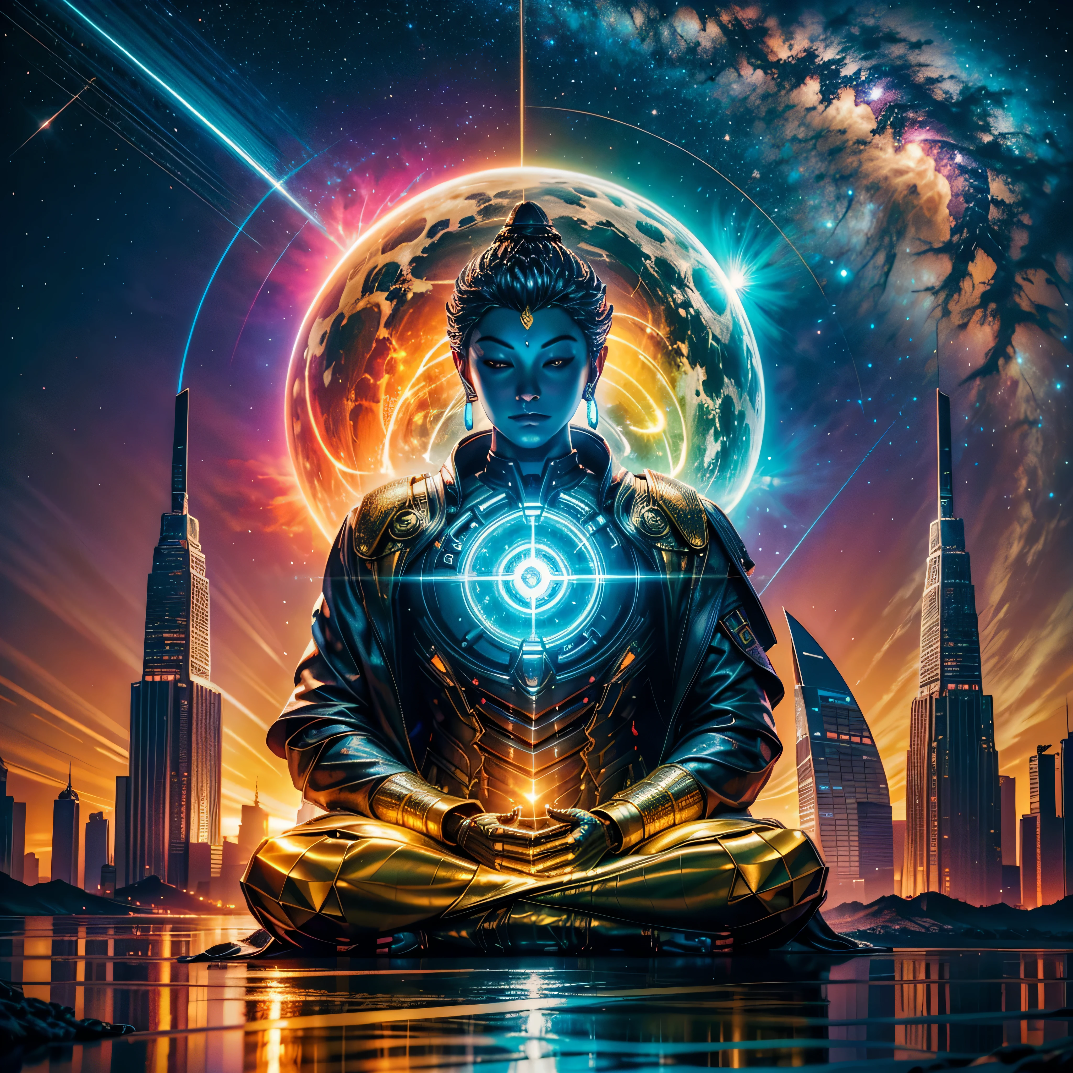 Will-o'-the-wisp dazzling Symmetrical Duddha_Interstellar (Galaxy stars Nebula Spacious Sunrise evening_glow distant_view Sunset rich_colors colorful wide-angle_lens shooting_evening positive_film naturalistic_style),A highly detailed, futuristic scene with a vibrant color palette and neon lights. The focal point of the scene a magnificent Golden Buddha statue, radiating a sense of peace and tranquility. The statue made of pure gold and shines brightly, reflecting the neon lights around it. The surrounding environment filled with futuristic elements, such as sleek buildings, flying cars, and holographic advertisements. The colors in the scene are intense and vibrant, incorporating shades of blues, purples, pinks, and greens. The neon lights illuminate the surroundings, casting a surreal and vibrant glow. The overall atmosphere both awe-inspiring and serene, blending the traditional beauty of the Golden Buddha with the cutting-edge aesthetics of the future. Everything in the scene highly detailed and realistic, with every intricate feature of the Buddha statue captured flawlessly. The lighting carefully designed to highlight the beauty of the statue and create a mesmerizing ambiance.optimal bright_color dappled_sunLight meticulously intricate ultra_high-details ultra_high-res hyper pro-Photo-realistic ultra_high-quality ultra_high-def UHD XT3 DSLR HDR extreme improved Octane-rendered opengl-shaders glsl-shader romm rgb pbr shading 3DCG fxaa global illumination cgi vfx sfx fkaa txaa rtx ssao post-processing post-production cell-shading tone-mapping Ultra_sharpness focus accurate max saturate reflex analogique Vivid DSLR color-coded luminescence volumetric Cinematic_Sunrise lightning contrast incandescent Cristallines floraison zentangle fleuraison varied multi etc. --s 1000 --c 20 --q 20 --chaos 100
