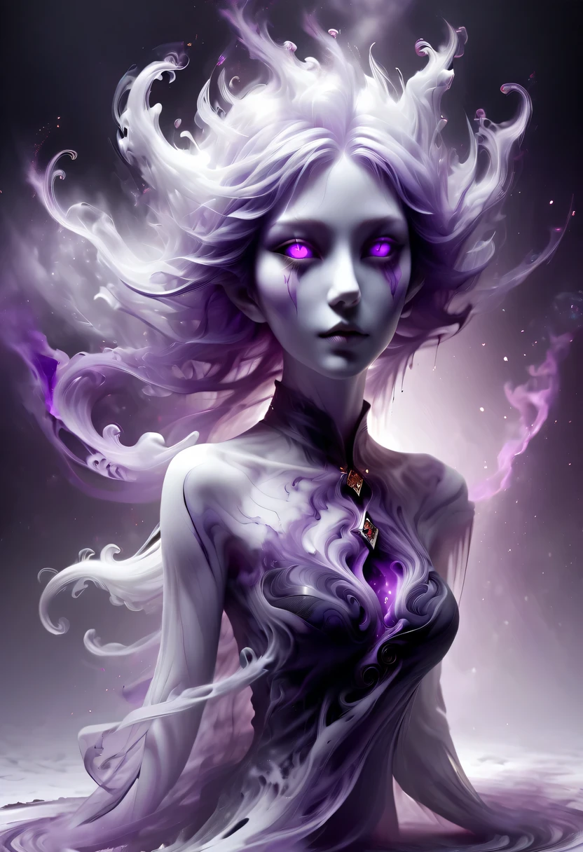 hyper detailed masterpiece, Dynamic, good quality,Liquor_dark，Elf portrait composed of purple smoke，1 pointy-eared elf，black skirt，white hair