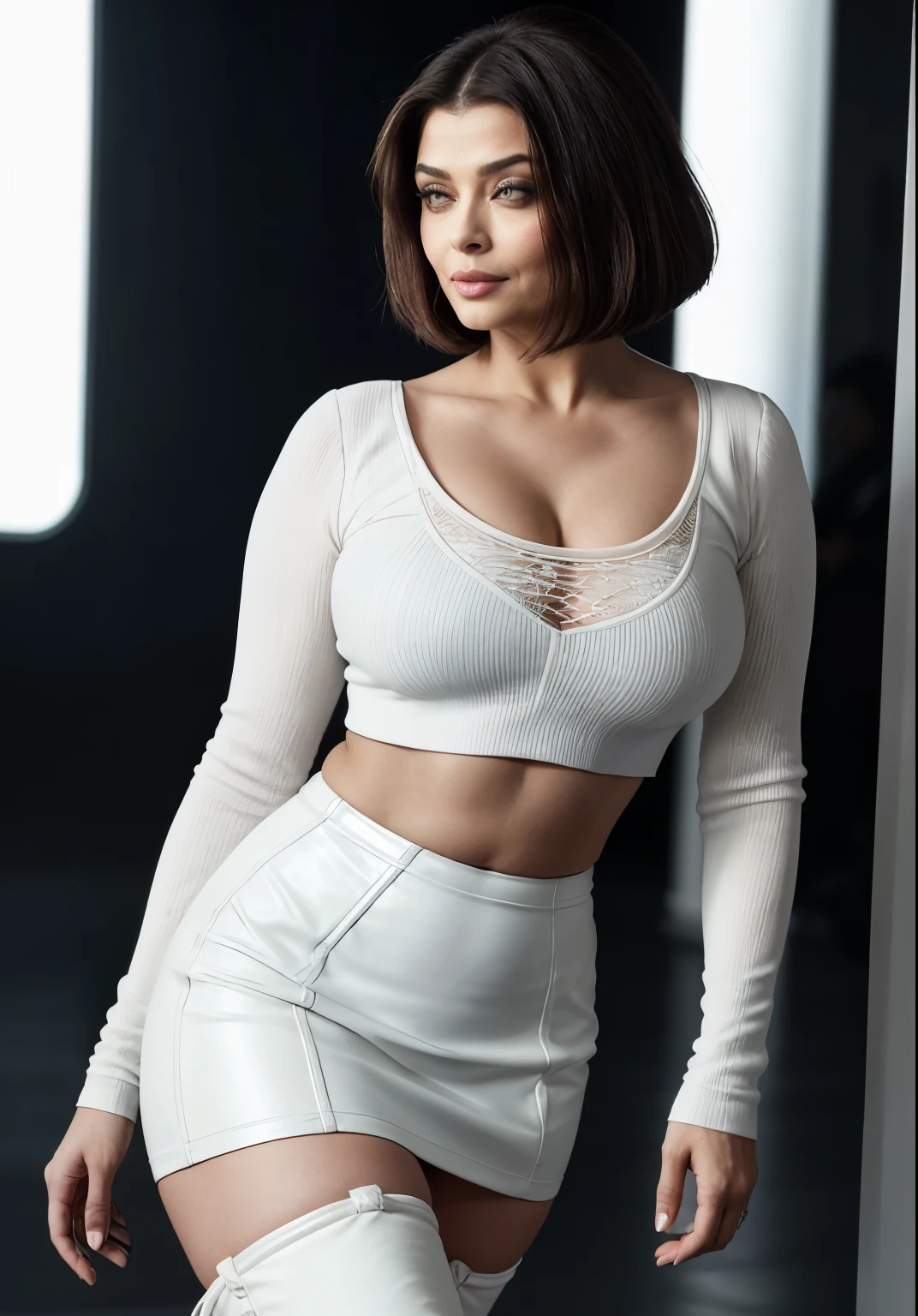 Aishwarya rai as corporate lady, silver satin formal trousers with off shoulder strapless low cut top, athletic curvy figure, highh boots, open hair, deepcut neckline, huge cleavage show, erotic pose in balcony, day scene, hourglass figure, small breasts, fit, seductive face, look at camera and wink, erotic adult face, 40 yo, soft volumetric lights, intricate details, (ArtStation:1.2)