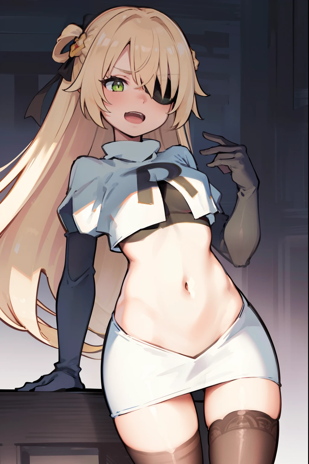absurdres, fischl (dunkelnacht sakrament) (genshin impact), green eyes, (white pupils:1.2), fischl (genshin impact), medium_breasts, blonde hair, eyepatch, long hair, hair over one eye, bangs, hair ribbon, small breasts, 1girl, team rocket,team rocket uniform,white skirt,red letter R,crop top,black thigh-highs,black elbow gloves, laughing, happy, blush