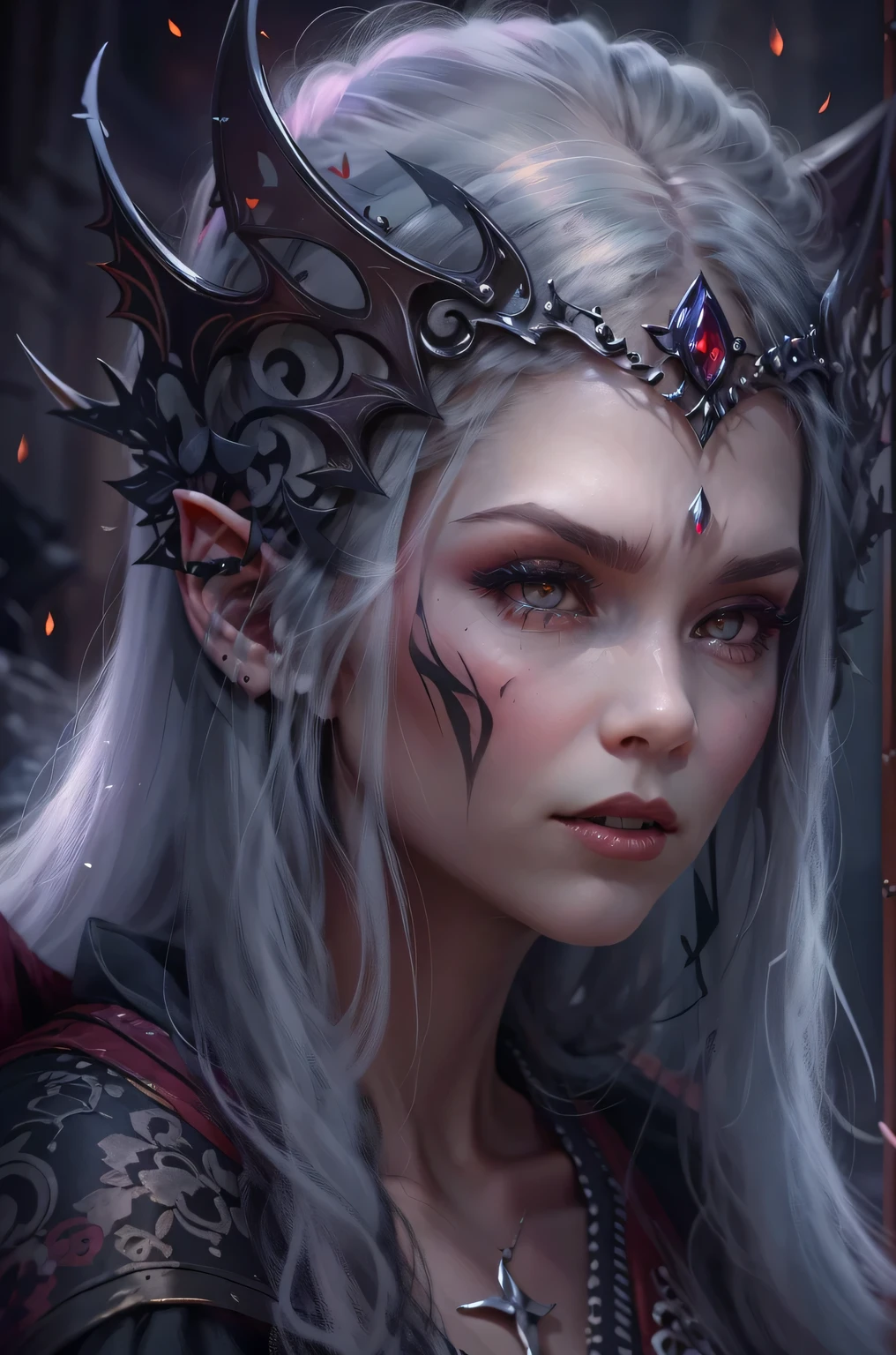 Mysterious elf vampire,portrait,She has long flowing hair,Sharp red eyes,pale skin,(elf ears),(Showing long fangs),Wear noble clothing and jewelry,Tough yet elegant,in this piece(Dark and Gothic)in art。(best quality,high resolution,masterpiece:1.2),(Super fine,clear focus),(lifelike,照片lifelike度:1.37),(bright colors,deep shadow),(With hints of crimson and deep purple),Illuminated by moonlight,Ancient site background,Bringing out the ethereal beauty and haunting atmosphere of this scene。