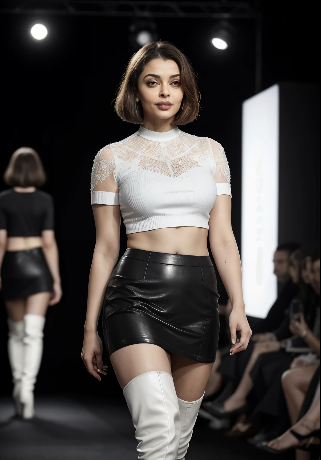 50yo mature MILF Aishwarya Rai as sexy professor, blue box plate mini skirt with tight white crop top, ((thigh high boots)), ((bob cut hair)), bright sunny day scene, mature athletic curvaceous milf body, ((catwalk in ramp)), hourglass milf figure, perfect breasts, massive cleavage(((seductive expression))) on her face, look at a camera and wink one eye, soft volumetric lights, intricate details, (ArtStation:1.2)