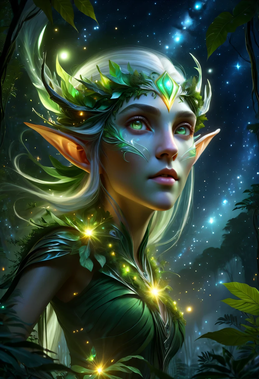 hyper detailed masterpiece, Dynamic, good quality,Floating Elf Portrait DonMW15pXL ,Female elf in the jungle,starlight,firefly,