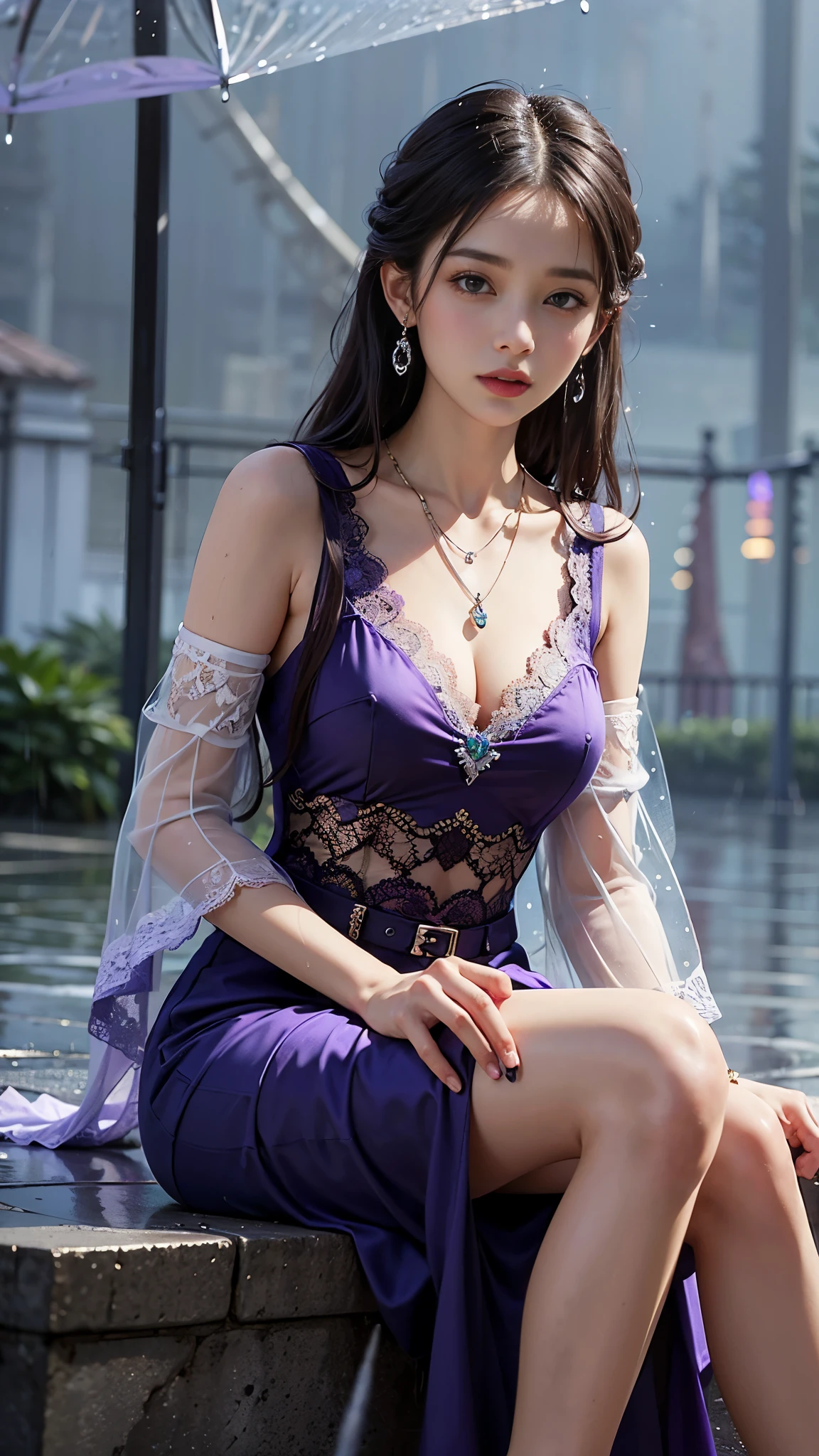  ((best quality)), ((masterpiece)), (detailed), 1 girl, good face, ultra long hair, purple hair, impressive hairstyle, perfect body, (purple lace dress)), (net lace:1.5), (transparent lace:1), (wearing jewellery:1.5), disney castle background, (rainy weather:1.5), sitting, 