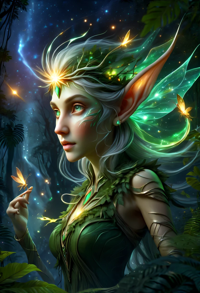 hyper detailed masterpiece, Dynamic, good quality,Floating Elf Portrait DonMW15pXL ,Female elf in the jungle,starlight,firefly,