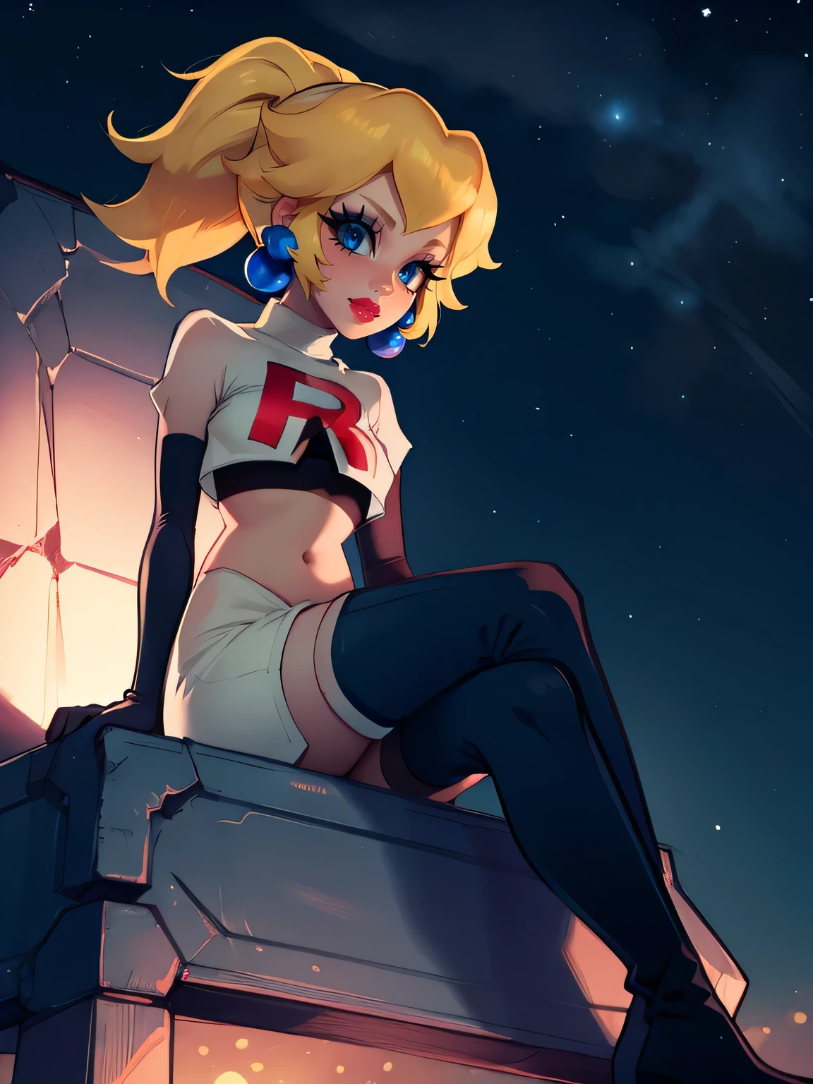 princess_peach, ponytail ,earrings ,red lipstick, blue eye shadow, heavy makeup ,team rocket uniform, red letter R, white skirt,white crop top,black thigh-high boots, black elbow gloves, evil smile, looking down on viewer, sitting down ,legs crossed, night sky background