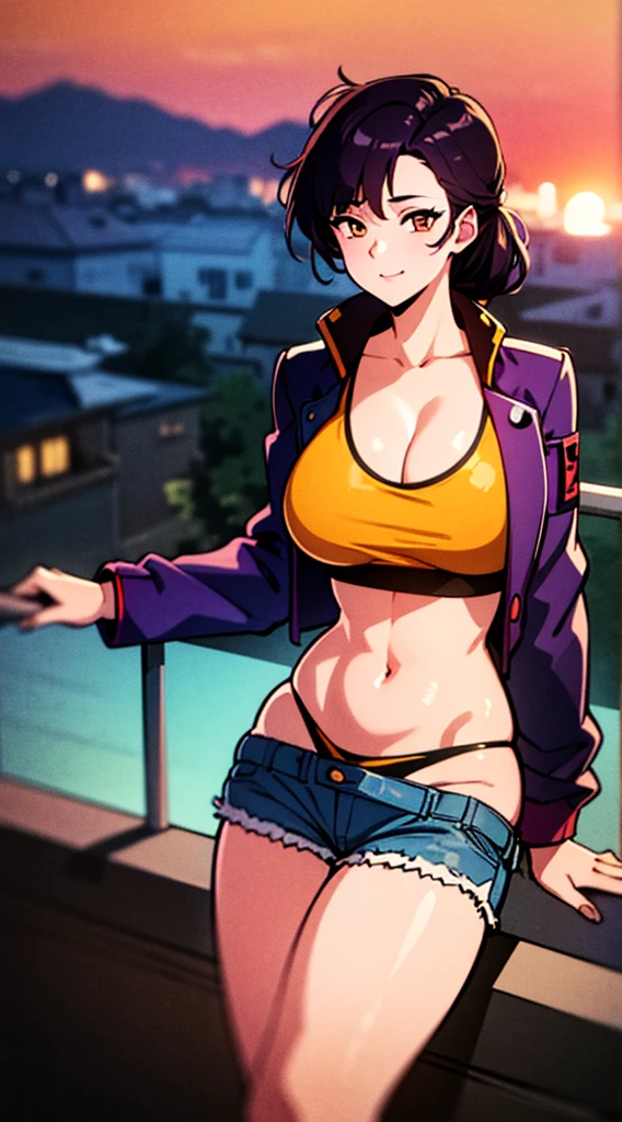 (masterpiece), high-definition, girl, happy, big boobs, cleavage, big hips, messy dark purple hair, orange eyes, yellow crop top, black thong, blue shorts, jacket, balcony, leaning on the railing, sunset