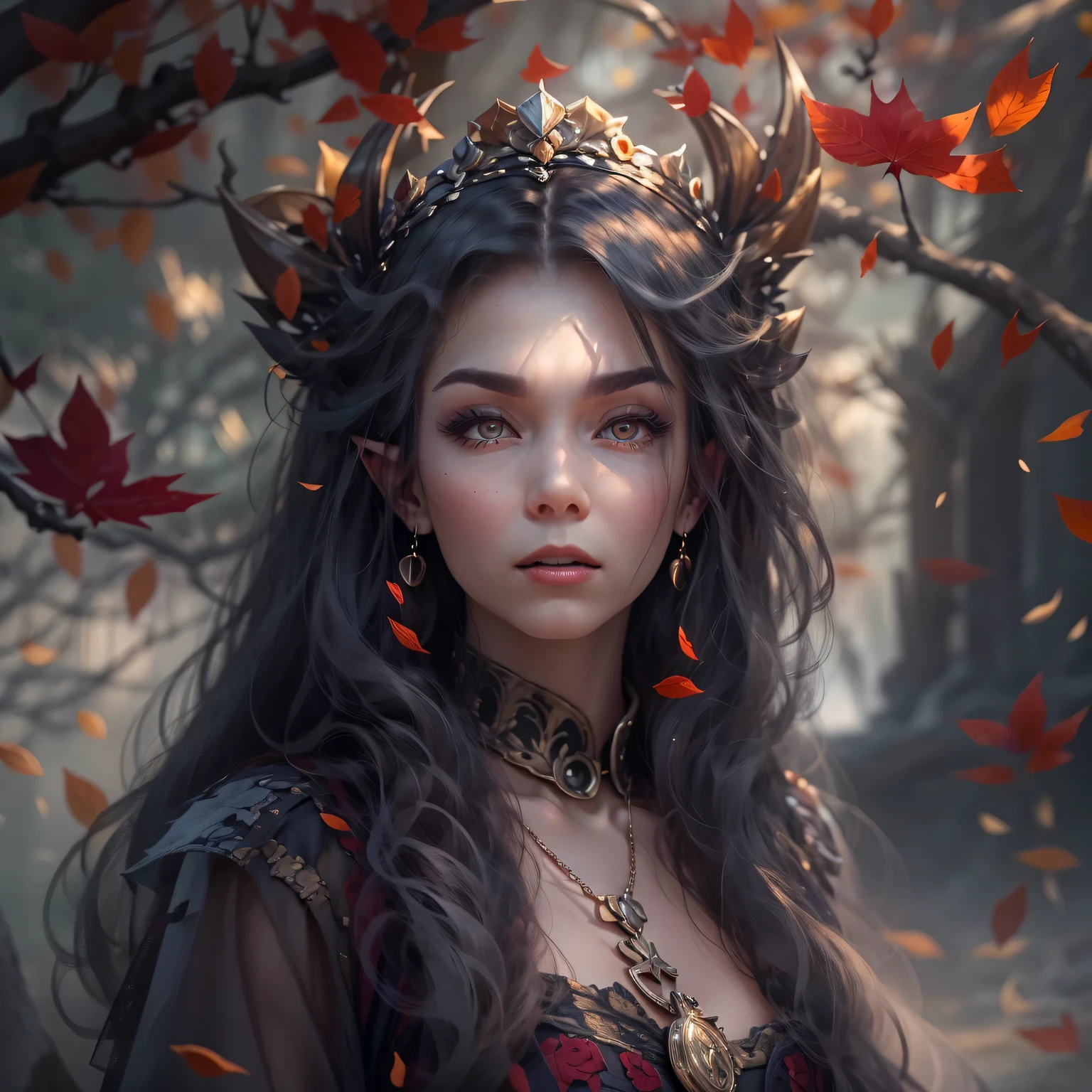 一个mystery的精灵族吸血鬼女王，portrait，She has long flowing hair，Sharp red eyes，pale skin，（elf ears），（Showing long fangs），Wearing noble clothing, jewelry and crown，坚韧而grace，in this piece（Dark and Gothic）in art。（With hints of crimson and deep purple），Illuminated by moonlight，Ancient site background，Bringing out the ethereal beauty and haunting atmosphere of this scene。masterpiece, best quality, (High-detail CG unified 8K wallpaper) (best quality), (Best Illustration), (best shadow) nature，Sky, cloud, Delicate leaf petals fall in the air，track, super detailed，ultra high resolution, Surrealism, HD, golden ratio，（royal），（enchanted forest），（peaceful），（Peace），（mystery），（grace），（charming），
