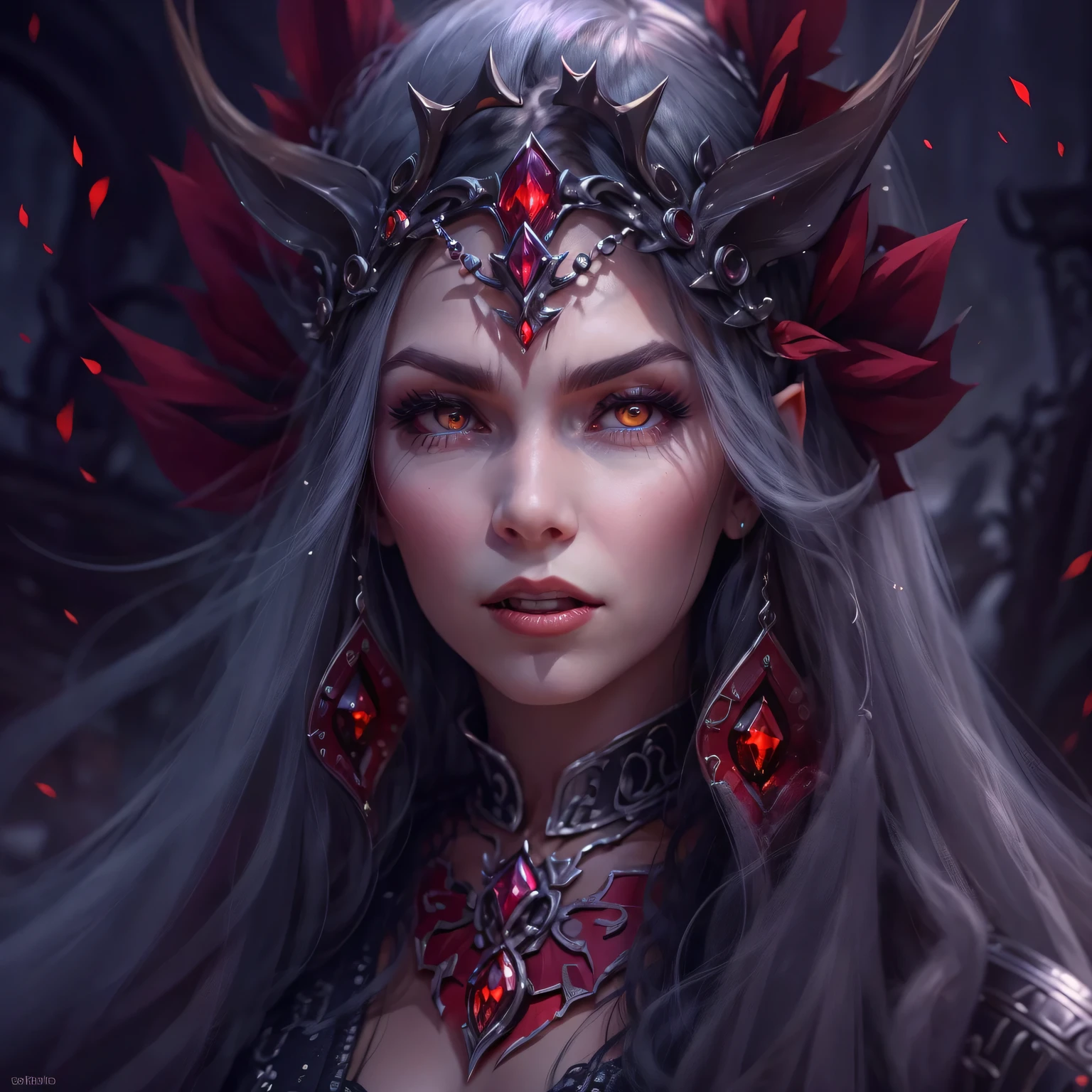 Mysterious Elf Vampire Queen，portrait，She has long flowing hair，Sharp red eyes，elf ears，（Showing long fangs），Wearing noble clothing, jewelry and crown，Tough yet elegant，in this piece（Dark and Gothic）in art。（best quality，high resolution，masterpiece：1.2），（Super fine，clear focus），（lifelike，照片lifelike度：1.37），（bright colors，deep shadow），（With hints of crimson and deep purple），Illuminated by moonlight，Ancient site background，Bringing out the ethereal beauty and haunting atmosphere of this scene。