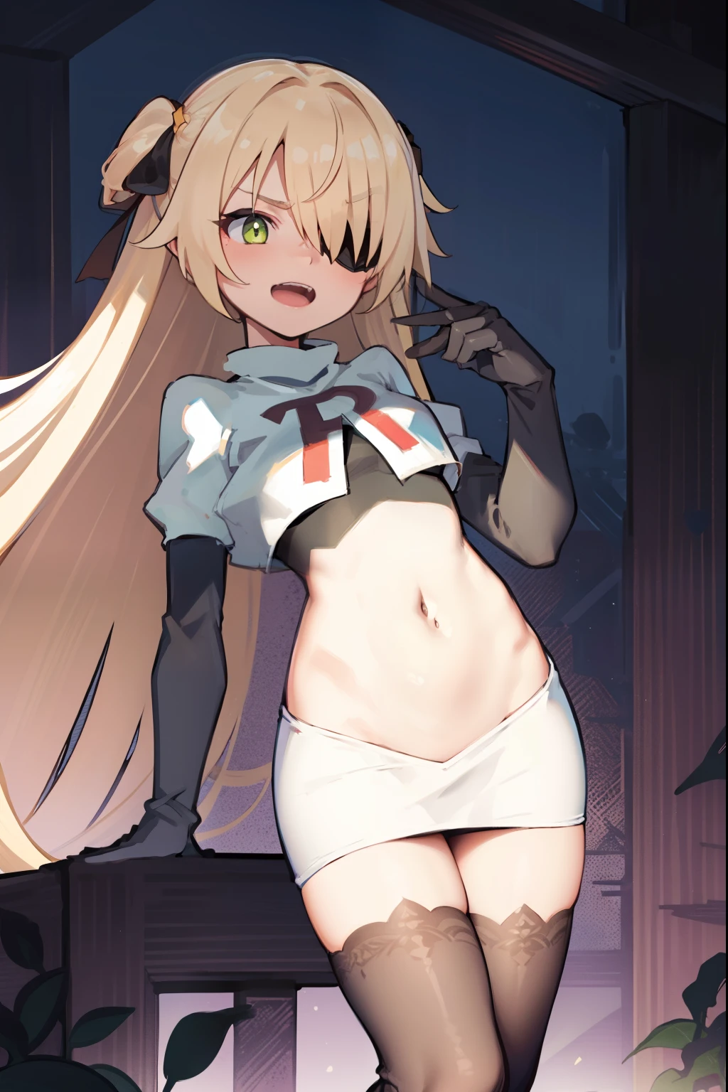 absurdres, fischl (dunkelnacht sakrament) (genshin impact), green eyes, (white pupils:1.2), fischl (genshin impact), medium_breasts, blonde hair, eyepatch, long hair, hair over one eye, bangs, hair ribbon, small breasts, 1girl, team rocket,team rocket uniform,white skirt,red letter R,crop top,black thigh-highs,black elbow gloves, laughing, happy, blush