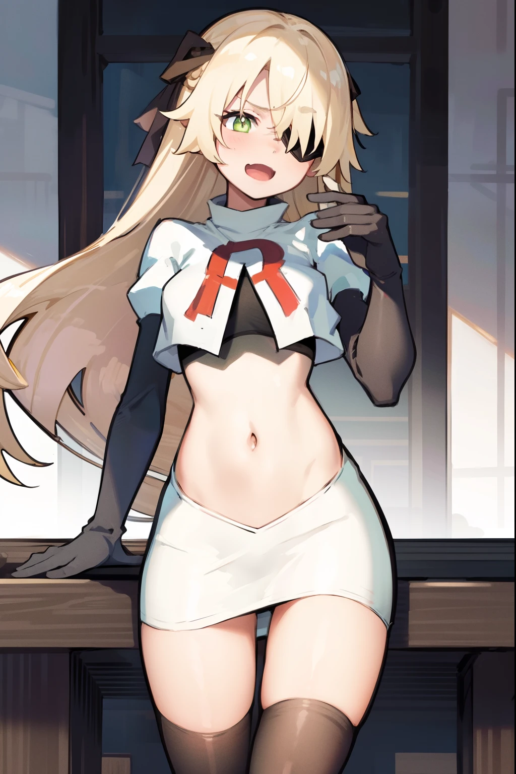 absurdres, fischl (dunkelnacht sakrament) (genshin impact), green eyes, (white pupils:1.2), fischl (genshin impact), medium_breasts, blonde hair, eyepatch, long hair, hair over one eye, bangs, hair ribbon, small breasts, 1girl, team rocket,team rocket uniform,white skirt,red letter R,crop top,black thigh-highs,black elbow gloves, laughing, happy, blush