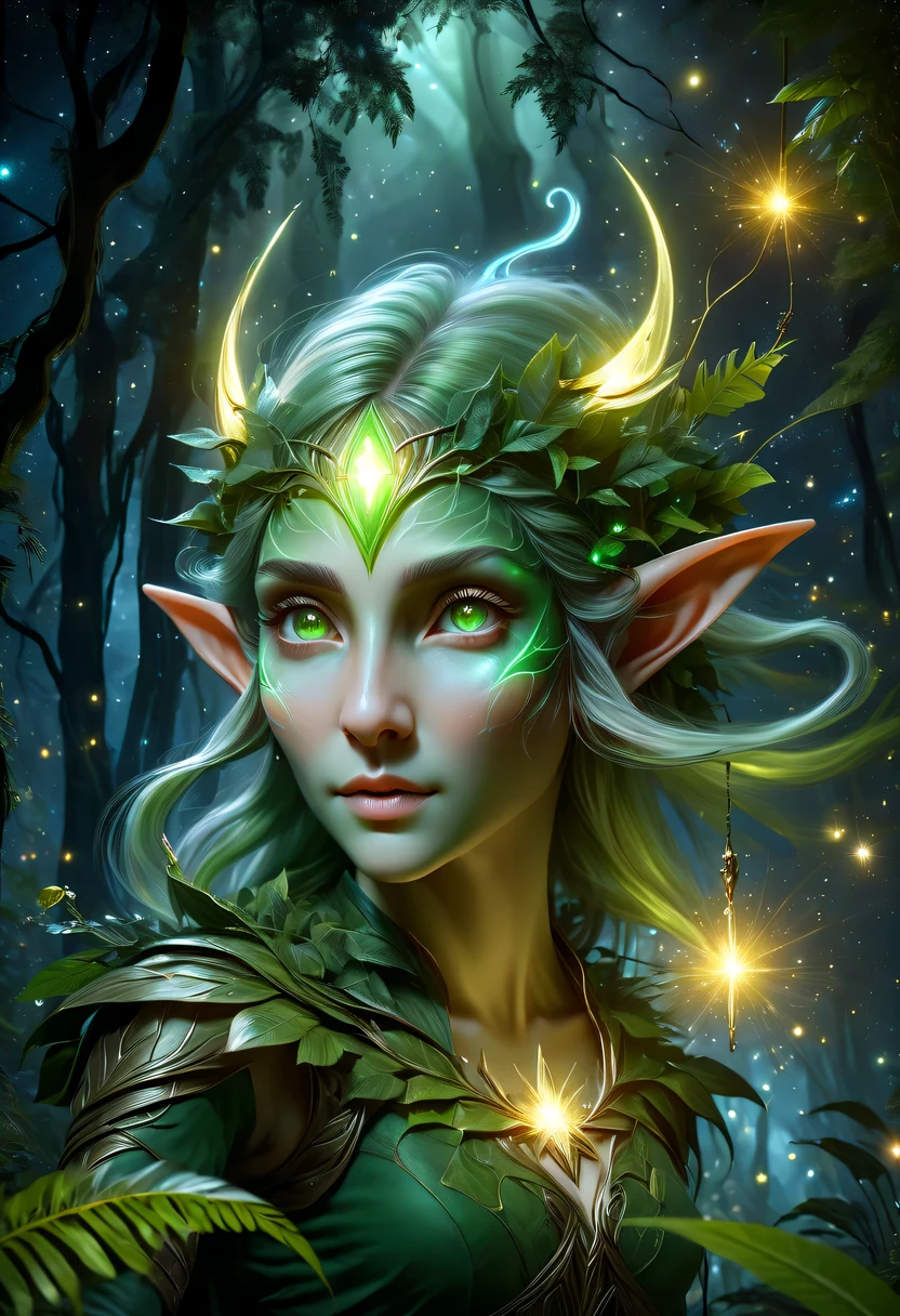 hyper detailed masterpiece, Dynamic, good quality,Floating Elf Portrait DonMW15pXL ,Female elf in the jungle,starlight,firefly,