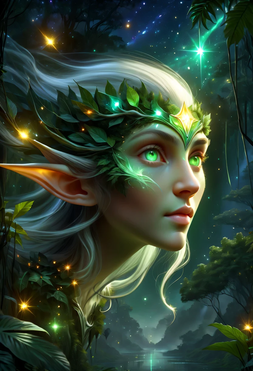 hyper detailed masterpiece, Dynamic, good quality,Floating Elf Portrait DonMW15pXL ，Female elf in the jungle，starlight，firefly，