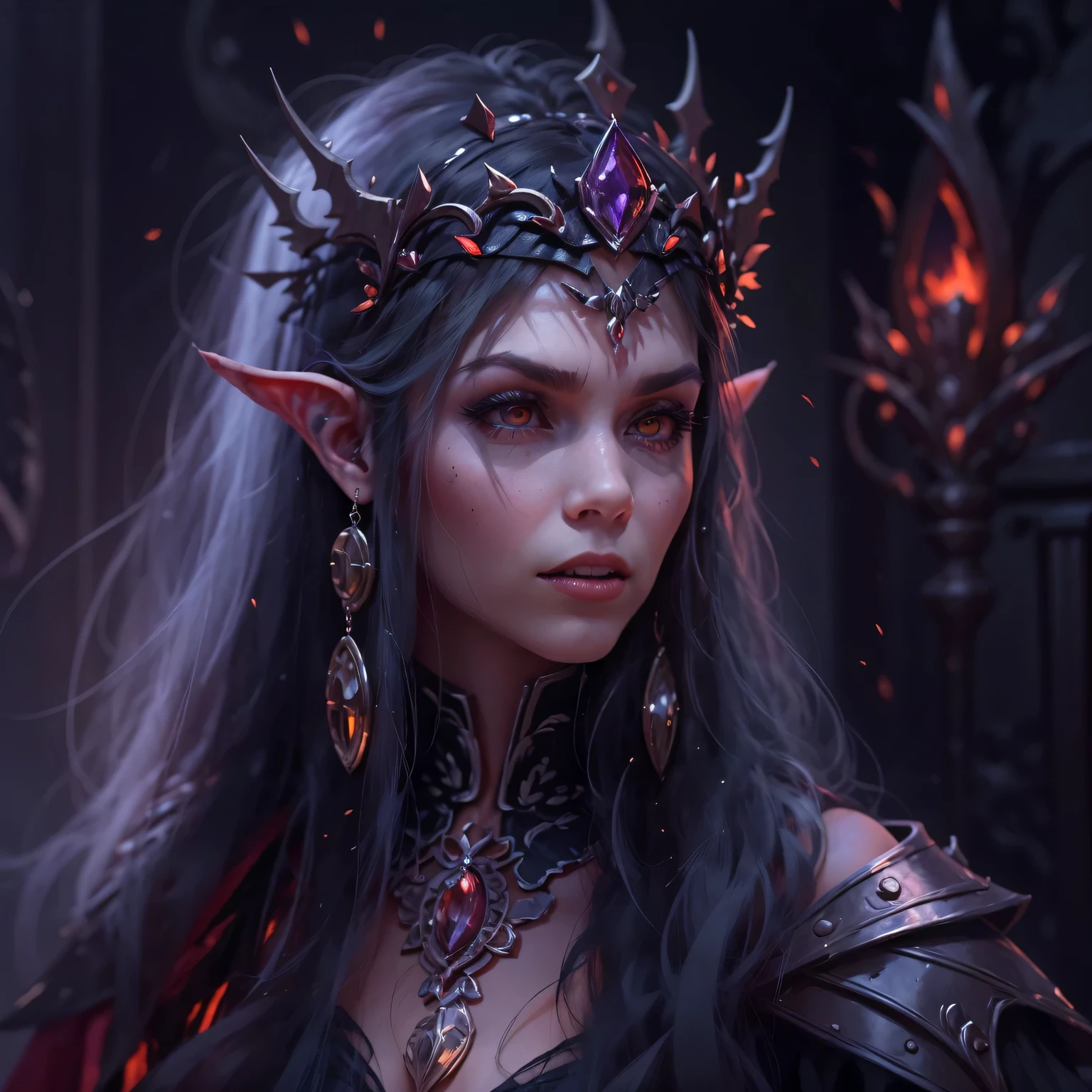 Mysterious Elf Vampire Queen，portrait，She has long flowing hair，Sharp red eyes，elf ears，（Showing long fangs），Wear noble clothes，Jewelry Crown，Tough yet elegant，in this piece（Dark and Gothic）in art。（best quality，high resolution，masterpiece：1.2），（Super fine，clear focus），（lifelike，照片lifelike度：1.37），（bright colors，deep shadow），（With hints of crimson and deep purple），Illuminated by moonlight，Ancient site background，Bringing out the ethereal beauty and haunting atmosphere of this scene。