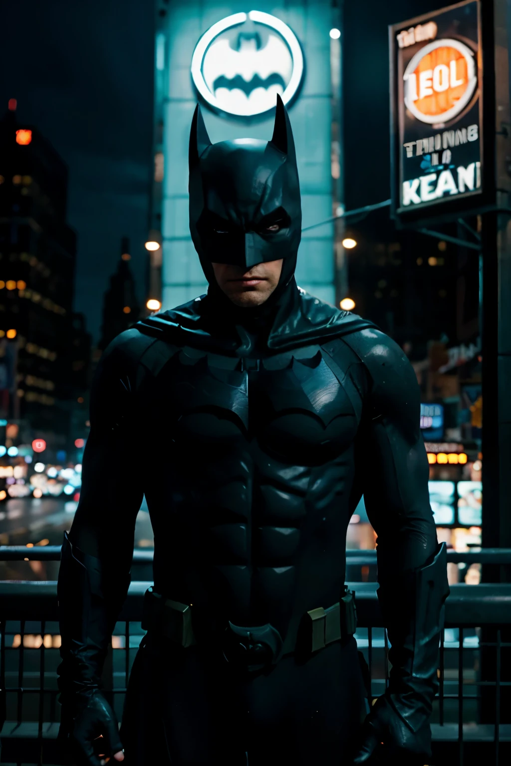 BATMAN, IN NEW YORK CITY, NIGHT, WITH  NEON LIGHTS