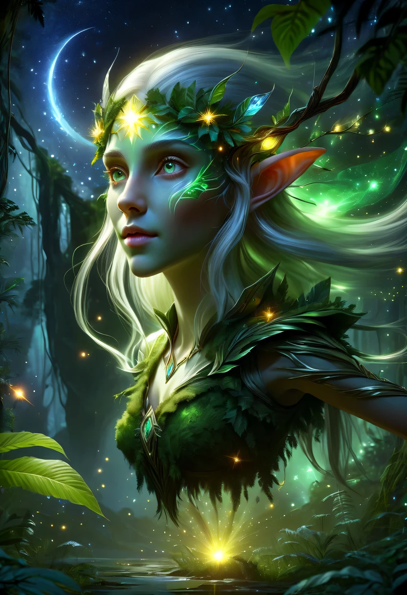 hyper detailed masterpiece, Dynamic, good quality,Floating Elf Portrait DonMW15pXL ，Female elf in the jungle，starlight，firefly，
