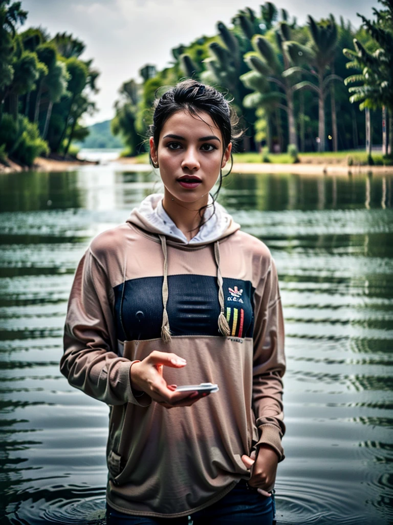 A hot girl, drown in a swamp in a chest,illustartion, (Best Quality,4k,8K,hight resolution,Masterpiece:1.2),Ultra-detailed,(Realistic,photoRealistic,photo-Realistic:1.37),Horror,dark and gloomy atmosphere with dramatic lighting, Vivid colors, Foggy surroundings, the trees, covered with moss, detailed facial expression, long wavy hair floats in the water, Reflections on the surface of the water, Eerie fog. Jeans