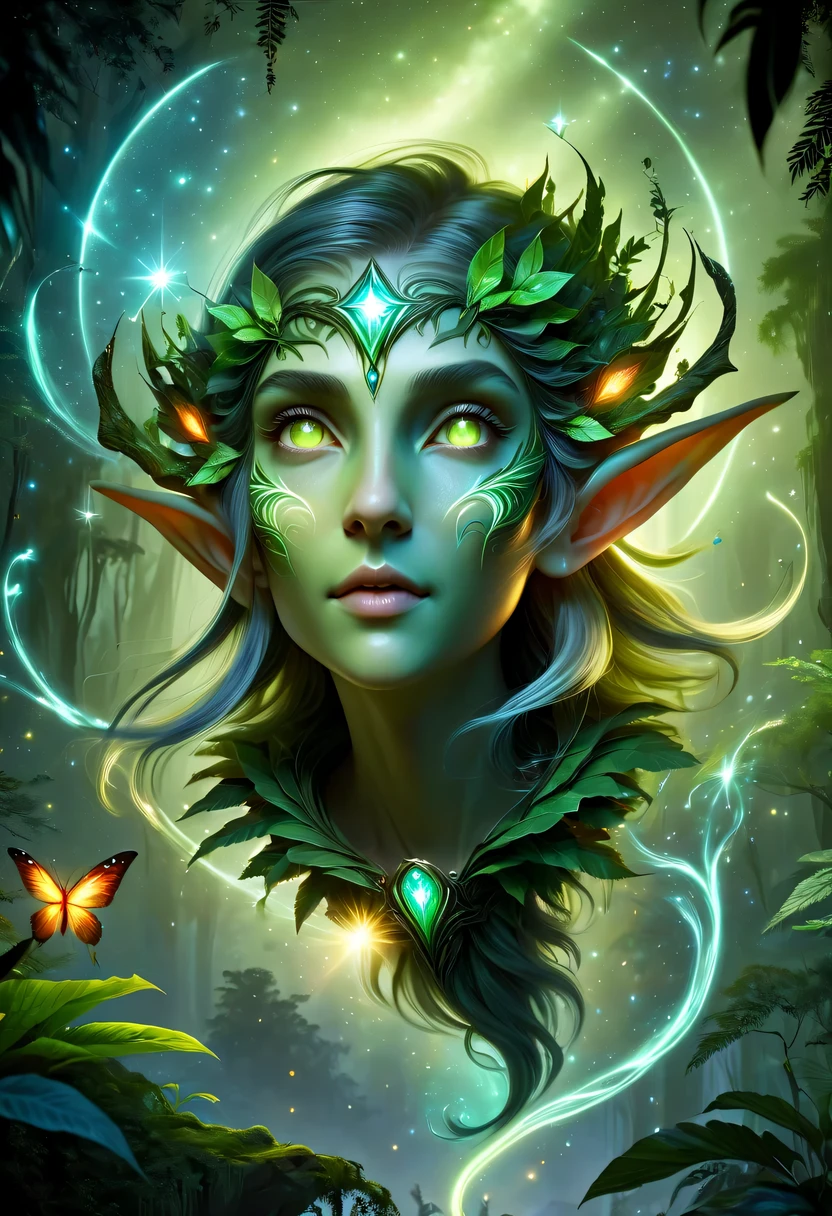 hyper detailed masterpiece, Dynamic, good quality,Floating Elf Portrait DonMW15pXL ,Female elf in the jungle,starlight,firefly,