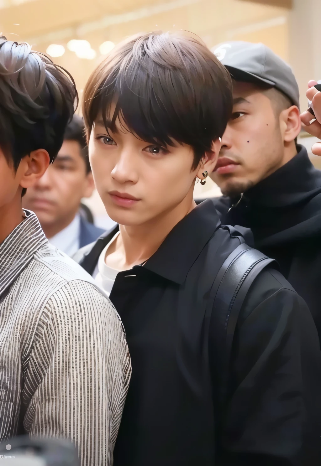araffado boy in a black shirt and a black jacket, jungkook, jeongguk, kook, mirada inocente, hyung jeon, ironic smile, sus ojos parecen sabios, diez lee, kookie, jeon de pelo negro, tiene una mirada penetrante, gguk aesthetic, pale korean adorable face, young pale angel, ojos pesados hacia un lado