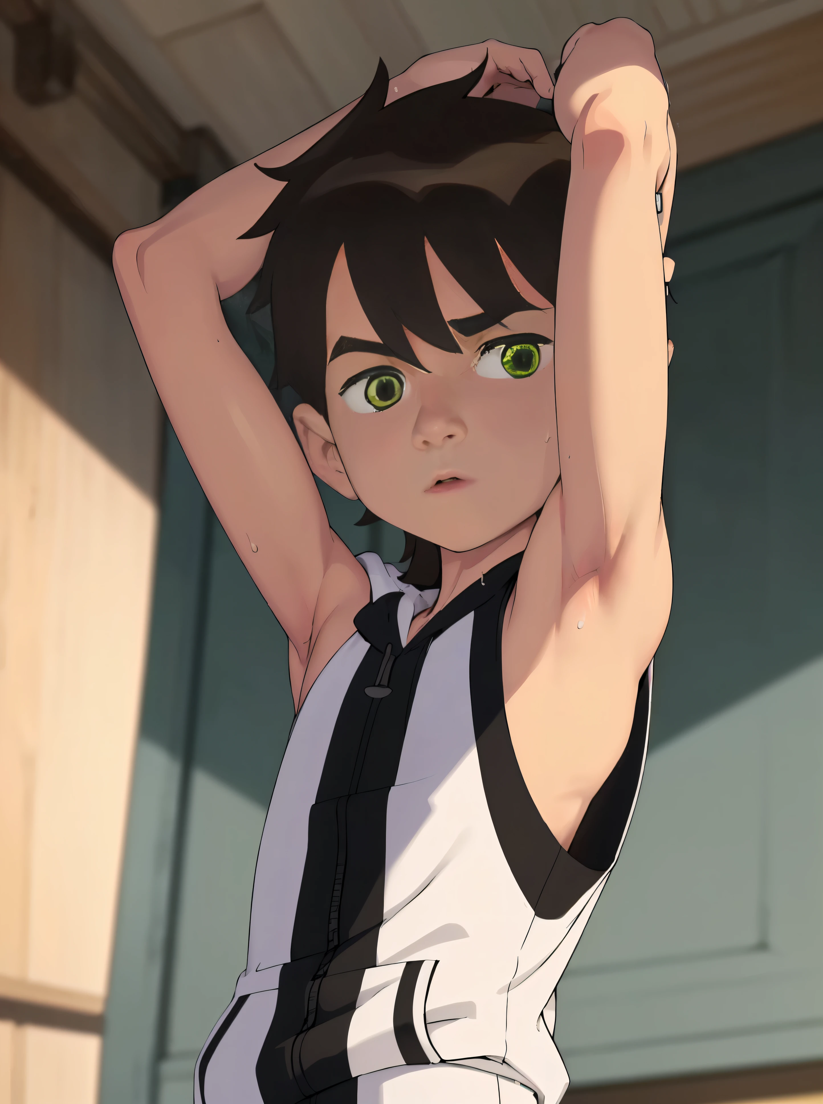 Highres, Masterpiece, Best quality at best,Best Quality,hight quality, hight detailed, 1boy, bentennyson, green eyes, Shota, Young boy, (very small and short stature), (very young boy), (very small and short body), Sleeveless hoodie, Sweat, (showing armpit:1.3), upper body, the day, summer, Smooth image