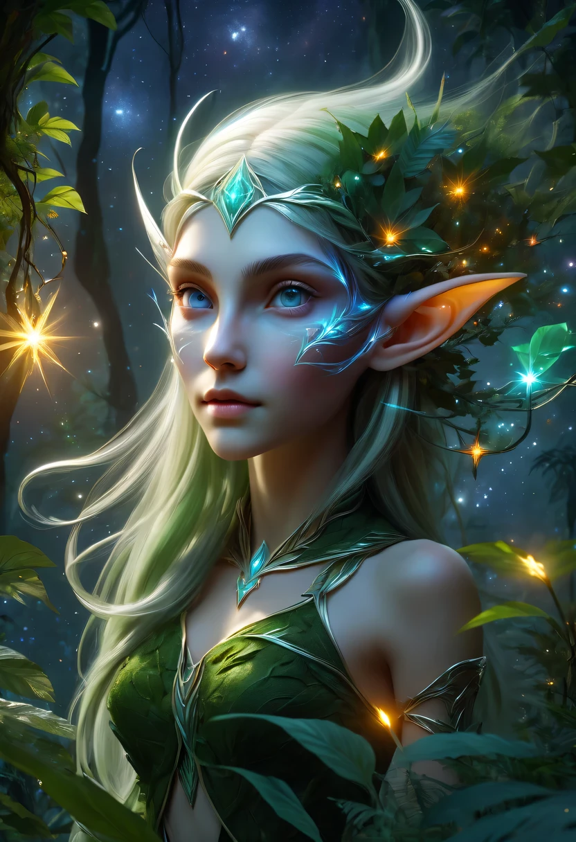 hyper detailed masterpiece, Dynamic, good quality,Floating Elf Portrait DonMW15pXL ，Female elf in the jungle，starlight，firefly，