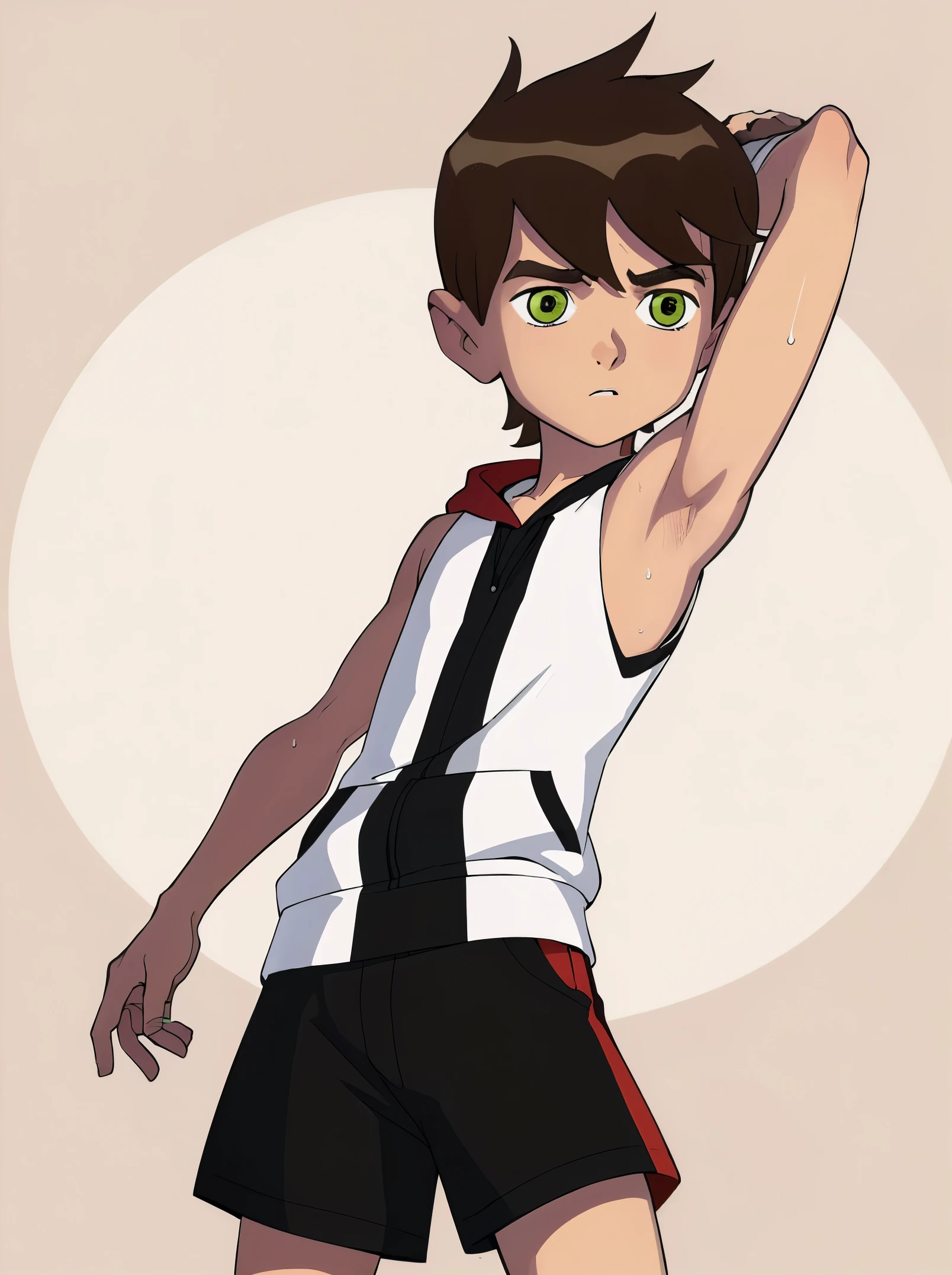 Highres, Masterpiece, Best quality at best,Best Quality,hight quality, hight detailed, 1boy, bentennyson, green eyes, Shota, Young boy, (very small and short stature), (very young boy), (very small and short body), Sleeveless hoodie, Sweat, (showing armpit:1.3), upper body, the day, summer, Smooth image