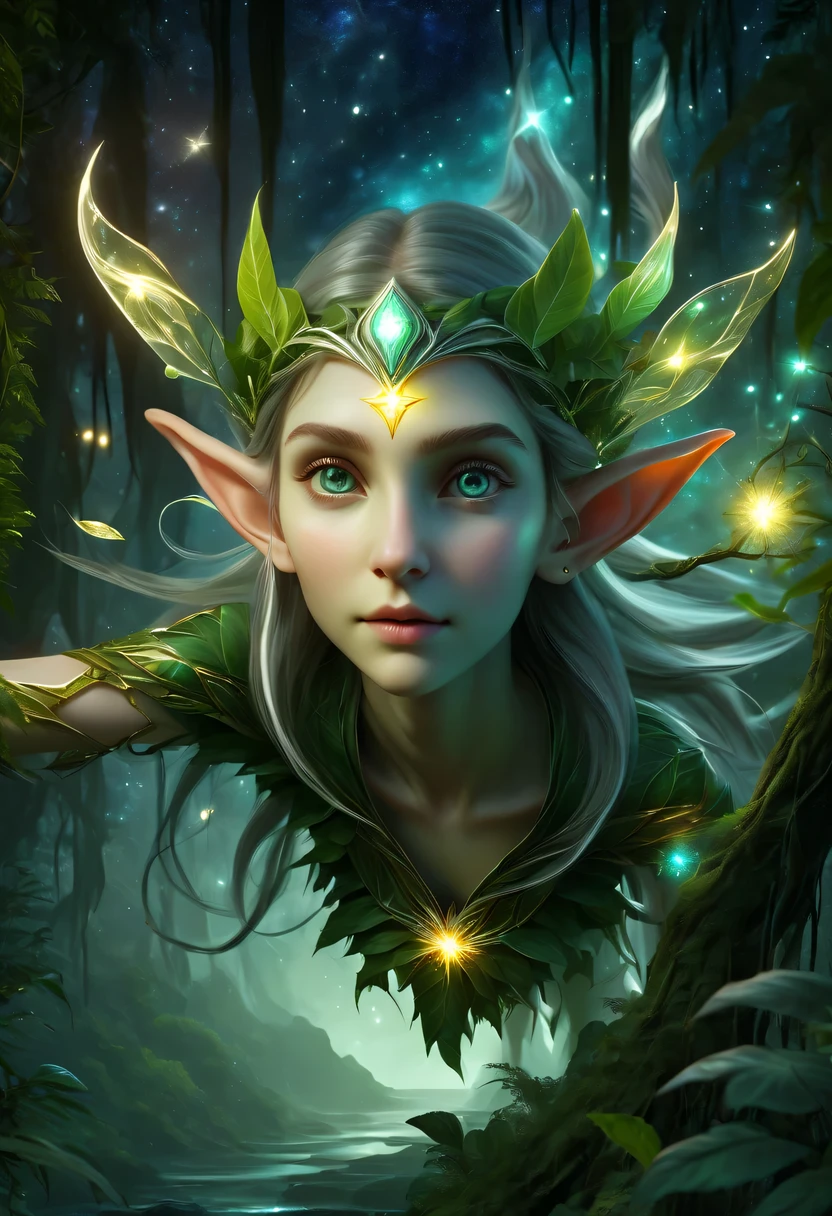 hyper detailed masterpiece, Dynamic, good quality,Floating Elf Portrait DonMW15pXL ，Female elf in the jungle，starlight，firefly，