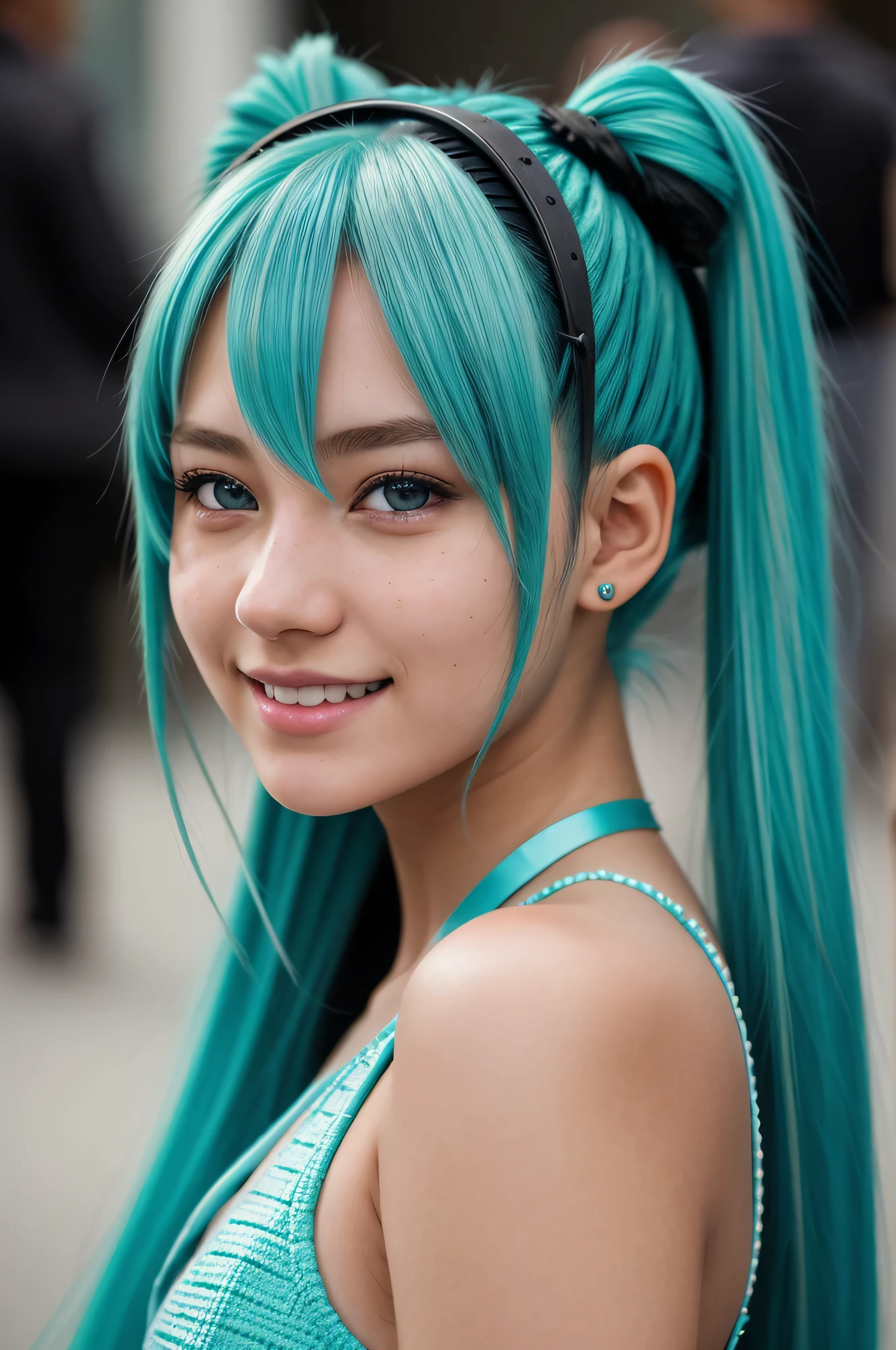 {there is a young girl. she is beautiful, and attractive. she beautiful hazel eyes. she is at an anime convention. she is dressed like she is miku hatsune. he has her hair died in cyan-blue, and has either side of her hair in pony tails. he is also wearing long hair extensions within her pony tails to make her hair look longer. she is smiling, and is posing like miku hatsune. there is a lot of people in the background looking at her, even some taking pictures with phones and camera's.} {best quality}, {{masterpiece}}, {highres}, {{{8k}}}, extremely detailed girl, {{{caucasian skin}}}, {{{detailed face}}}, {photo-realism}, {{perfect anatomy}}, sharp focus, {{{character{1 girl}}}}, solo, {{{{{sharp focus}}}}}, {{{detailed cloth texture}}}, {{{detailed skin texture}}}, {{{smooth lighting}}}, {{australian decent}}, {{18-years old girl}},