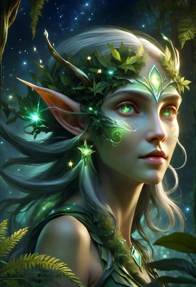 hyper detailed masterpiece, Dynamic, good quality,Floating Elf Portrait DonMW15pXL ,Female elf in the jungle,starlight,firefly,
