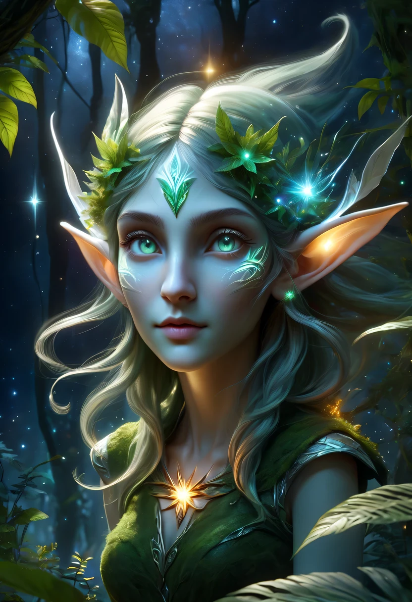 hyper detailed masterpiece, Dynamic, good quality,Floating Elf Portrait DonMW15pXL ,Female elf in the jungle,starlight,firefly,