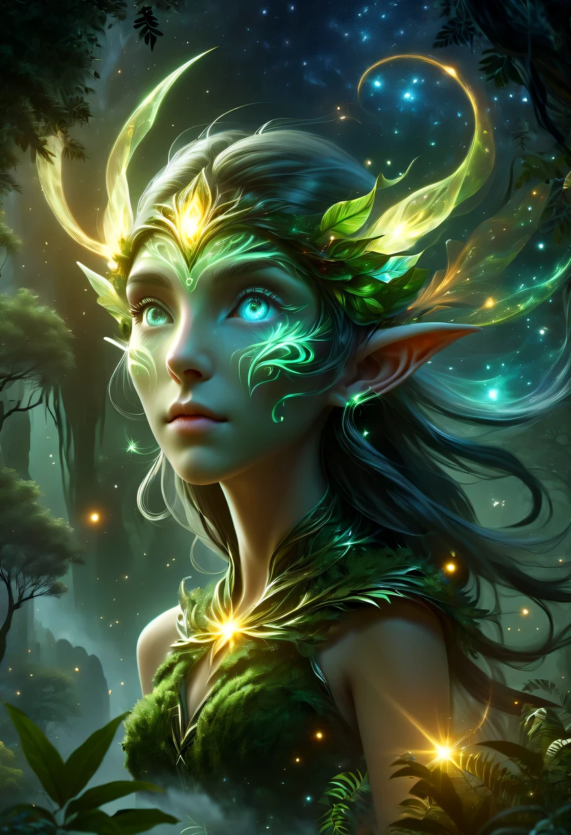 Elf portrait，Female elf in the jungle，starlight，firefly，
