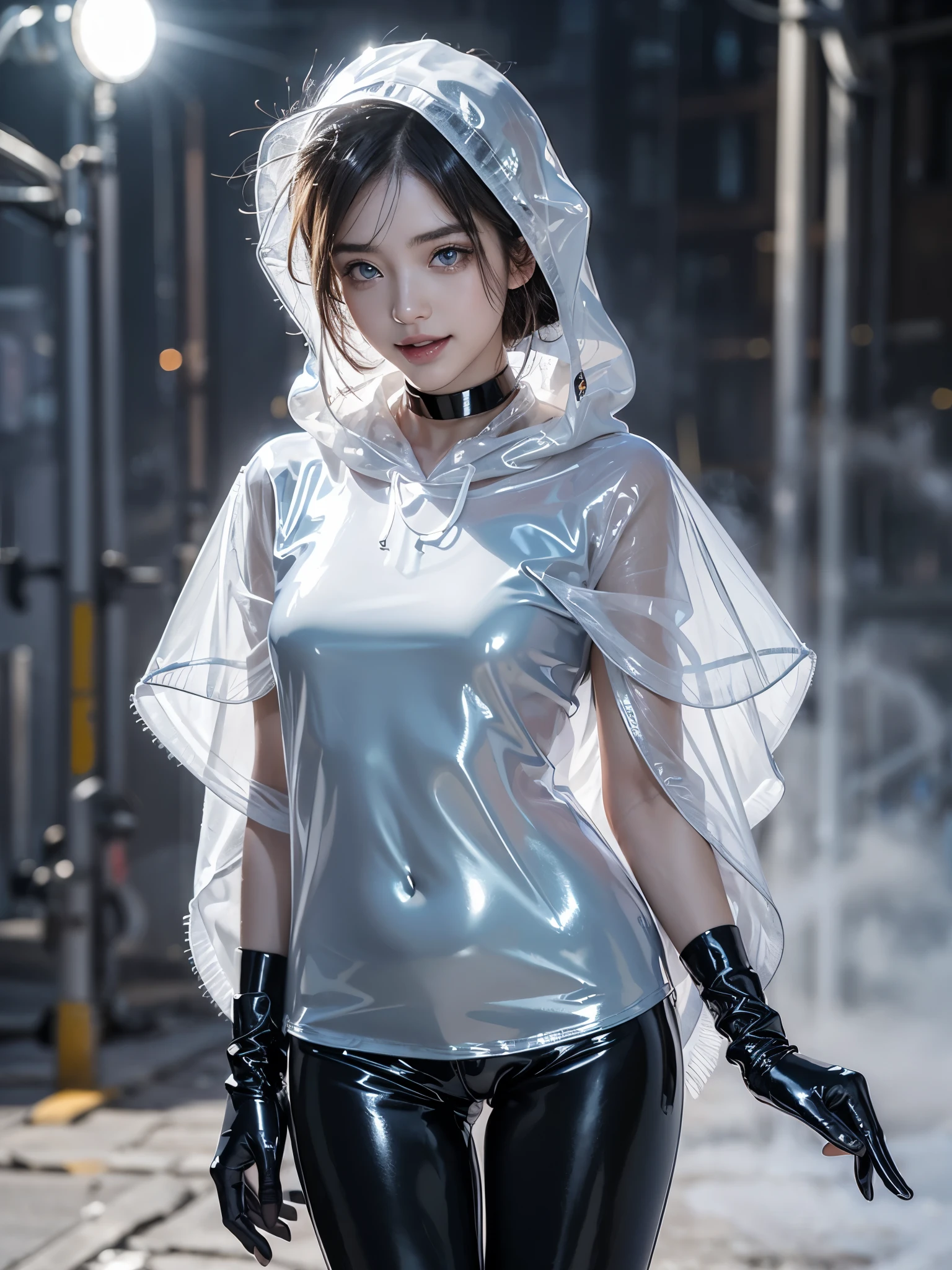 (anime:1.2), (official art), (gorgeous, elegant, luxury), (beautiful still life painting art), ultra detailed, beautiful, masterpiece, best quality, 
_
BREAK (1girl:1.2), 22 years old, 160 cm, Japanese cute model, Tightened all body, large Breasts, cleavage, small head, small face, diamond Face, small nose, Sharp Faceline, Detailed face, Detailed eyes, young hands and fingers, beautiful hands and fingers, five fingers, 
_
BREAK (happy, smile, Glossy Lips:1.3), (Light color lips, Half open mouth, beautiful Teeth:1.2), (dropy eyes, Double eyelid, light color eyes, Shiny eyes:1.5), Shiny skin, 
_
BREAK (arranged hairstyle:1.6), (gray hair:1.2), shiny hair, Detailed hair,
_
BREAK (White theme:1.3), (blurry background, mist, fog:1.7),
_
BREAK (cowboy shot:1.5),
(Confident standing pose:1.3), (arms behind head:1.2), 
BREAK (Glossy latex and Rubber theme:1.8),
(glossy transparent latex skeleton White poncho:1.6),(Glossy cleavage:1.4), (skin-tight:1.3), (reflective surface:1.4), (hood with cyberpunk visor:1.4),(glossy latex tight and short Leggings and tank top:1.3),(Separate:1.4), (fringe detail on sleeves:1.2),
BREAK
(Rubber gloves:1.2), (thigh-high latex Sneaker:1.3), (slick and shiny:1.4), 
BREAK
(High-tech futuristic accessories:1.3), (chrome choker with neon accents:1.4), (LED embedded in the poncho:1.6), (streamlined and edgy:1.3),
