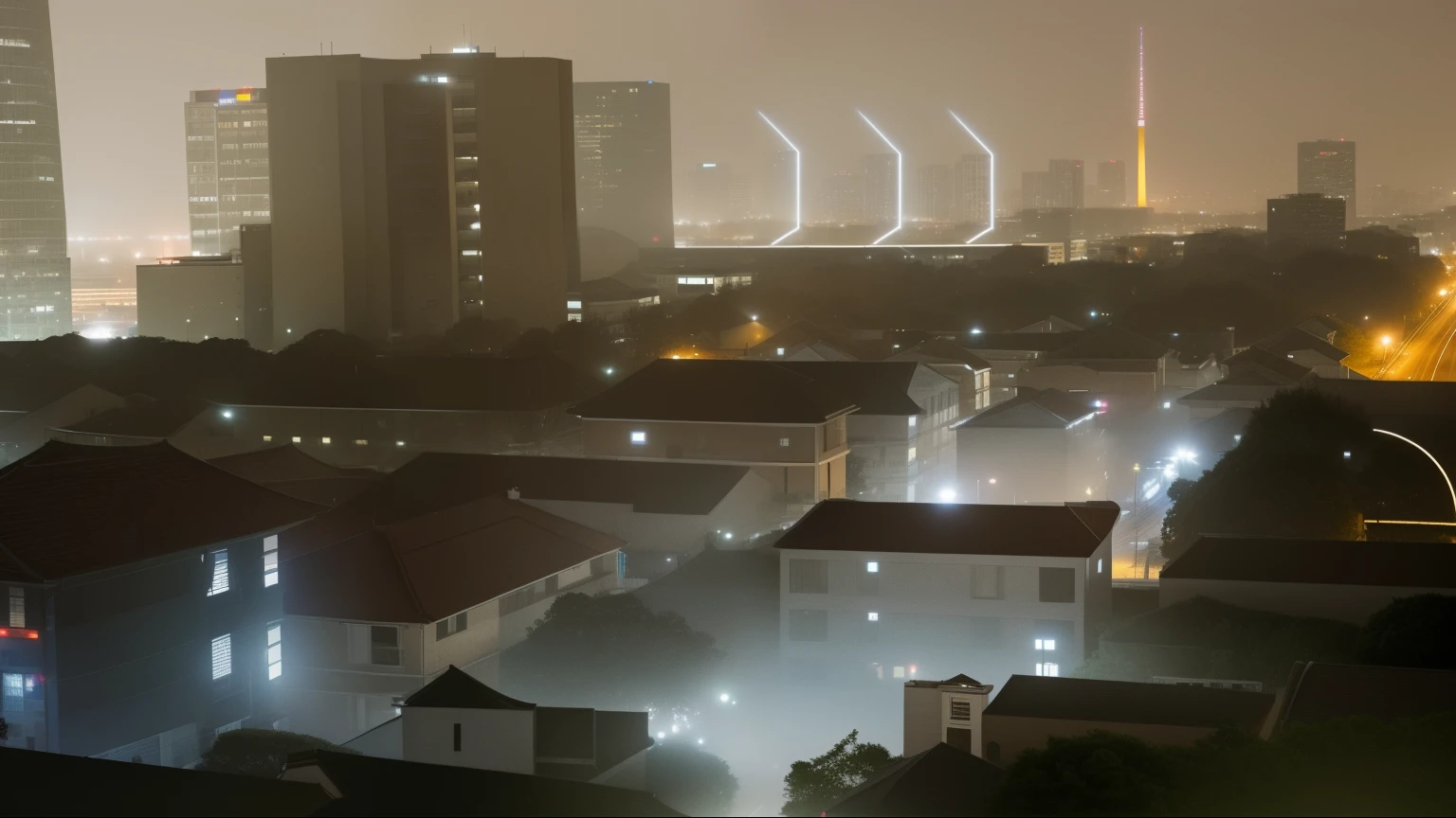 Buildings in the city at night with lights on,And the bell tower, 城市landscape, city fog soft light, 城市landscape in the window, by Jan Rustem, by Ni Yuanlu, multiple exposure, slow shutter, landscape, city in the rain at night, busy 城市landscape, 城市landscape, city landscape, from a distance, slow shutter, evening