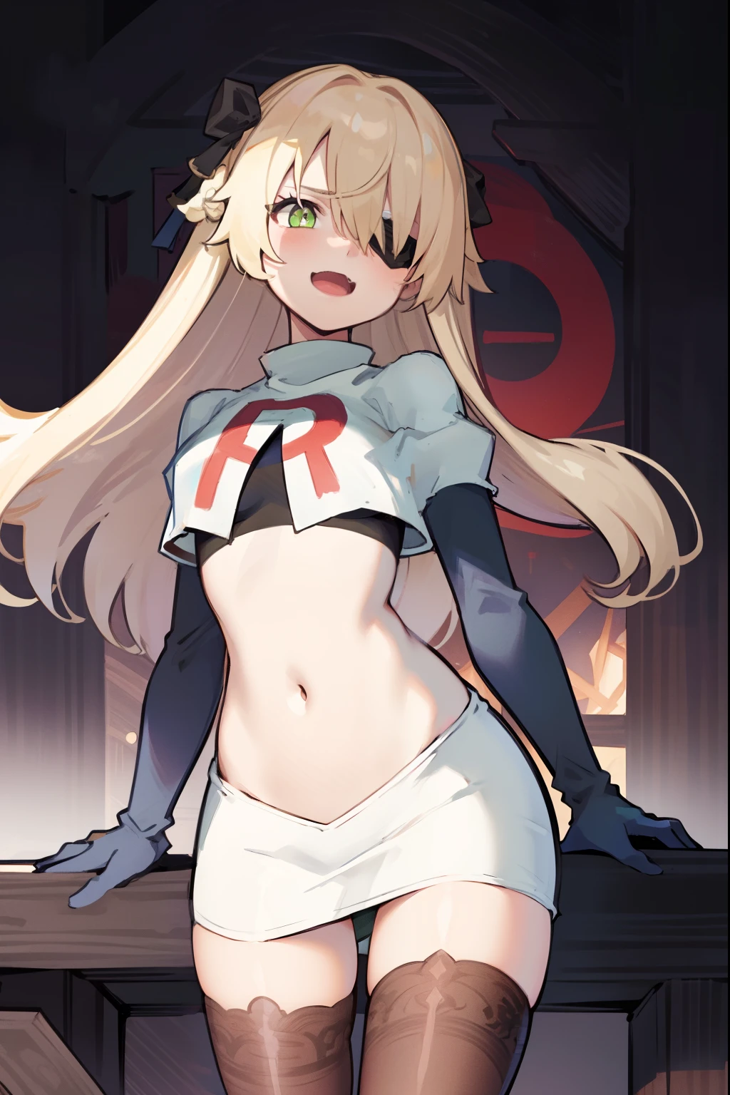 absurdres, fischl (dunkelnacht sakrament) (genshin impact), green eyes, (white pupils:1.2), fischl (genshin impact), medium_breasts, blonde hair, eyepatch, long hair, hair over one eye, bangs, hair ribbon, small breasts, 1girl, team rocket,team rocket uniform,white skirt,red letter R,crop top,black thigh-highs,black elbow gloves, laughing, happy, blush