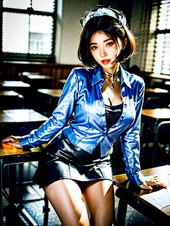 ((Top Quality, 8k, Masterpiece: 1.3)), Perfect Body Shape Pretty Woman: 1.4, (Big Breasts: 1.2), Highly Detailed Face and Skin Texture, Detailed Eyes, Teacher, Blouse, Mini Skirt, (Pose at School: 1.2), 1girl, Cinematic, Full Body, Japan Goddess, Short Hair, Smile, There Are Students, Being Watched by People,