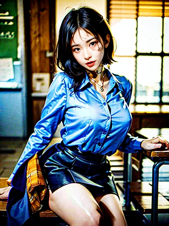 ((Top Quality, 8k, Masterpiece: 1.3)), Perfect Body Shape Pretty Woman: 1.4, (Big Breasts: 1.2), Highly Detailed Face and Skin Texture, Detailed Eyes, Teacher, Blouse, Mini Skirt, (Pose at School: 1.2), 1girl, Cinematic, Full Body, Japan Goddess, Short Hair, Smile, There Are Students, Being Watched by People,