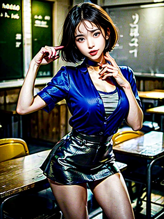 ((Top Quality, 8k, Masterpiece: 1.3)), Perfect Body Shape Pretty Woman: 1.4, (Big Breasts: 1.2), Highly Detailed Face and Skin Texture, Detailed Eyes, Teacher, Blouse, Mini Skirt, (Pose at School: 1.2), 1girl, Cinematic, Full Body, Japan Goddess, Short Hair, Smile, There Are Students, Being Watched by People,