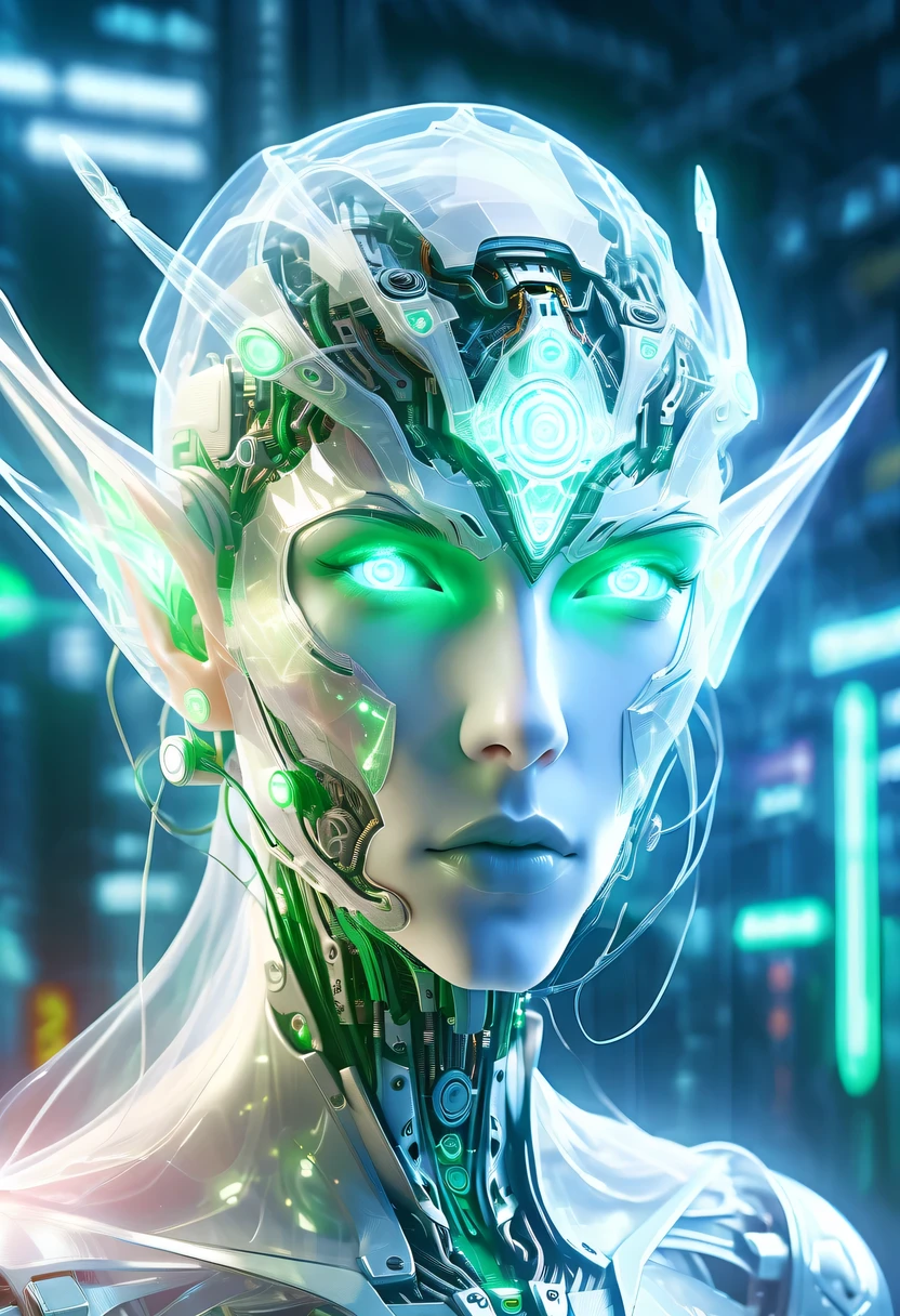 The face of a translucent ethereal mechanical elf，future elf face，Mechanical connection technology elf face，futuristic background