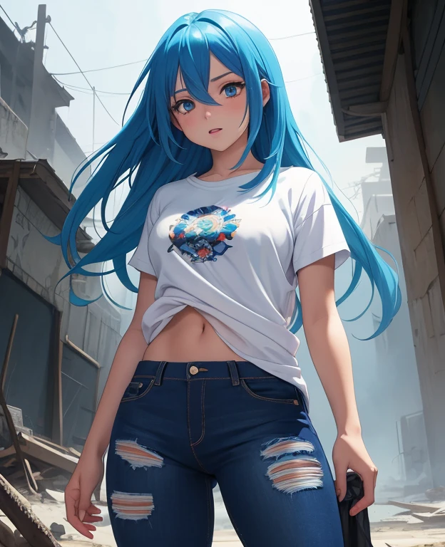 Obra maestra, calidad superior, mejor calidad, Anime illustration, Anime girl with blue hair wears very nice ripped pants, a white shirt and is in an apocalyptic atmosphere.