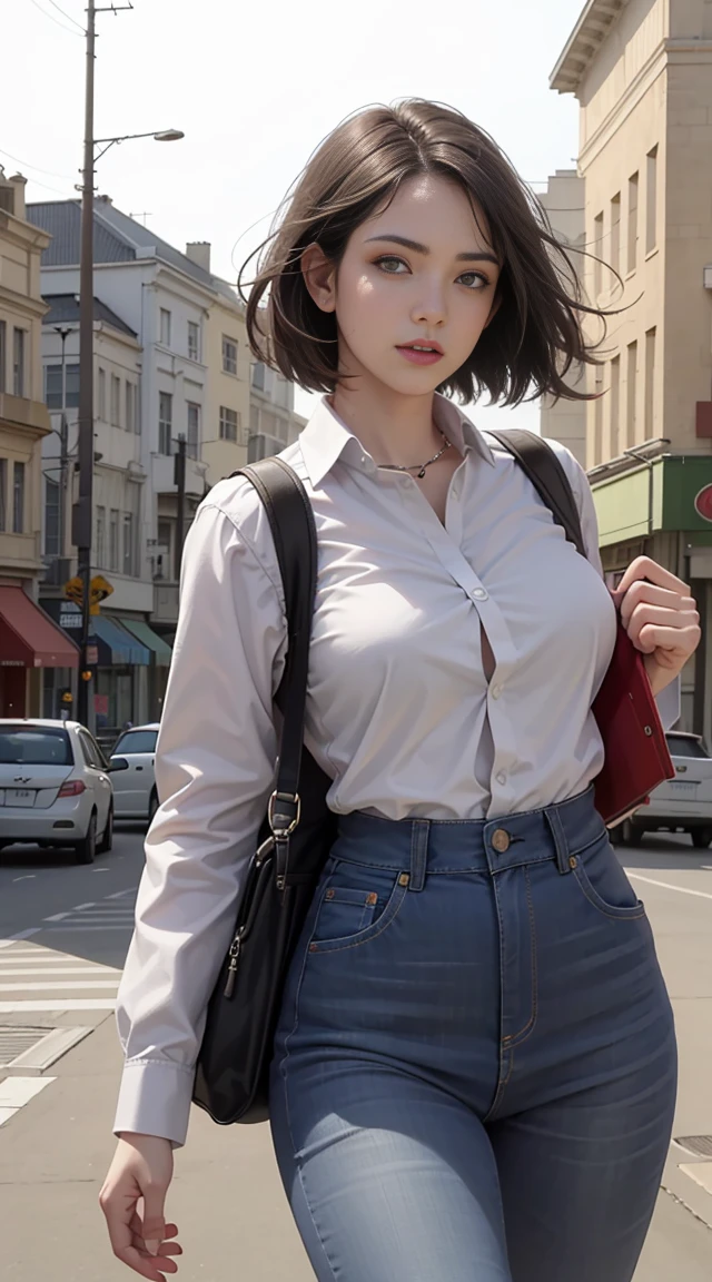 NSFW(best quality,realistic:1.4), Original Photo, 1Girl,in white shirt and blue jeans walking down street,Cinematic Lightingintense gaze, (dynamic angle, dynamic pose:1.2), outdoors,seductive eyes,short black hair,powerful presence,sharp focus,soft lighting,vivid colors,warm color tones,subtle shadows,impeccable details,realistic skin texture,ariola,